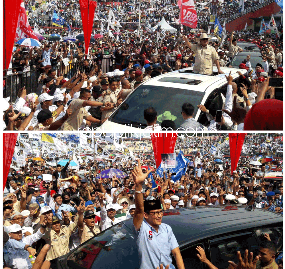 SAMBUT - Kehadiran Capres Prabowo Subianto dan Cawapres Sandiaga Salahuddin Uno disambut puluhan ribu massa pendukungnya saat kampanye akbar di GOR Delta Sidoarjo, Minggu (31/03/2019).