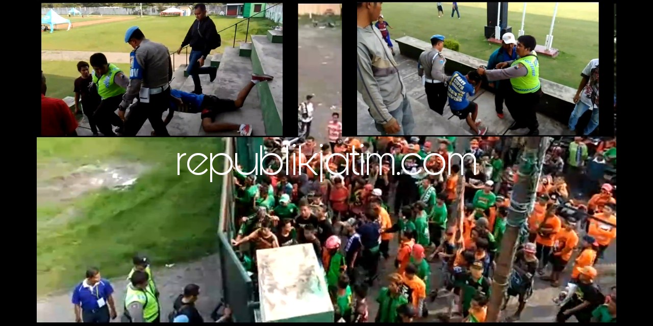 GAGAL MASUK - Puluhan supporter merasa kecewa mengamuk di JL A Yani Sidoarjo paska tidak dapat menyaksikan pertandingan Persekabpas VS Putra Jombang di Stadion Jenggolo, Sidoarjo menyebabkan 64 supporter diamankan Polresta Sidoarjo, Minggu (01/04/2018).