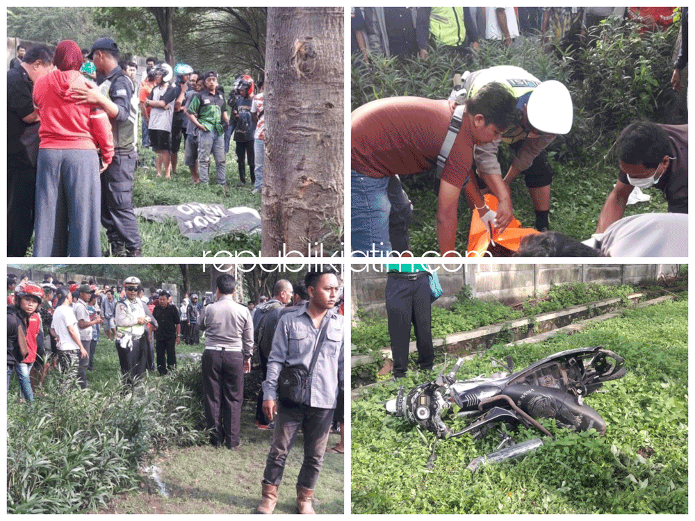 TEWAS - Petugas mengevakuasi jenazah RP (12) bocah asal Desa Anggaswangi, Kecamatan Sukodono, Sidoarjo usai kecelakaan tunggal di JL Raya Perum Kahuripan Nirwana Village (KNV), Sidoarjo, Selasa (02/04/2019) sore.