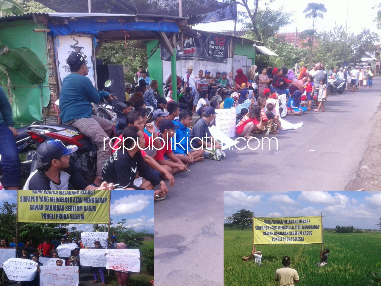 DEMO - Puluhan warga Dusun Janganasem, Desa Trompoasri, Kecamatan Jabon demo melarang perangkat desa mengolah TKD dengan menancapkan spanduk di sawah TKD yang dikelolah perangkat dan menggelar Istiqhotsa, Minggu (08/04/2018).
