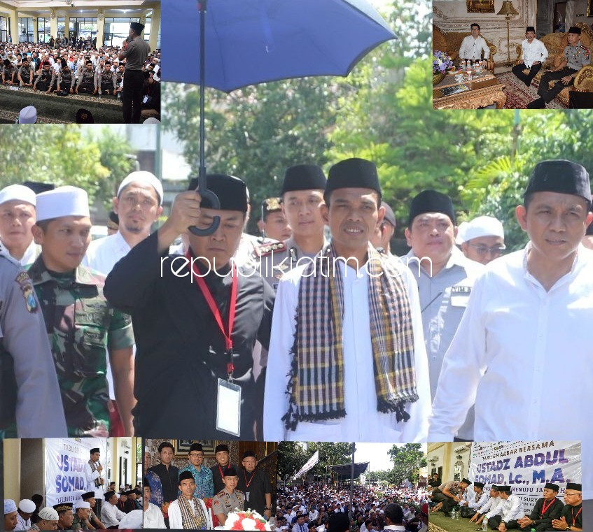 DAMPINGI - Kapolresta Sidoarjo, Kombes Pol Himawan Bayu Aji mendampingi Ustad Abdul Somad saat tabligh akbar di Masjid Shalahudin Perum Puri Surya Jaya, Gedangan, Sidoarjo, Minggu (08/04/2018).
