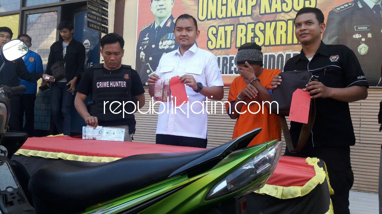 RESIDIVIS - Tersangka residivis pencurian, Kusmaidin alias Kentang (41) warga Desa Gemurung, Kecamatan Gedangan diringkus anggota Reskrim, Polresta Sidoarjo karena mencuri uang majikannya Rp 138 juta, Selasa (10/04/2018).