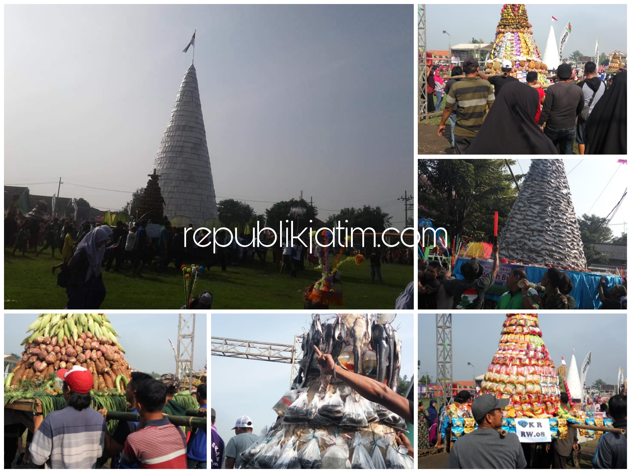 RAKSASA - Tumpeng tempe raksasa setinggi 12 meter dengan diameter 6 meter beserta tumpeng buah-buahan, ikan, hasil bumi dan jajanan pasar dijadikan rebutan warga Desa Sedenganmijen, Kecamatan Krian, Sidoarjo, Jumat (12/04/2019).