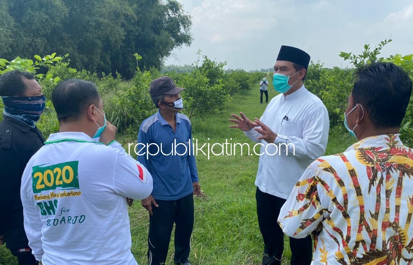 DIALOG - Bacabup Sidoarjo Bambang Haryo Soekartono (BHS) berdialog dengen petani jeruk, peternak ayam dan produsen krupuk Bakung Pringgondani dan Kedung Sukodani, Kecamatan Balongbendo, Sidoarjo bersama aksi penyemprotan disinfektan, Selasa (14/04/2020).