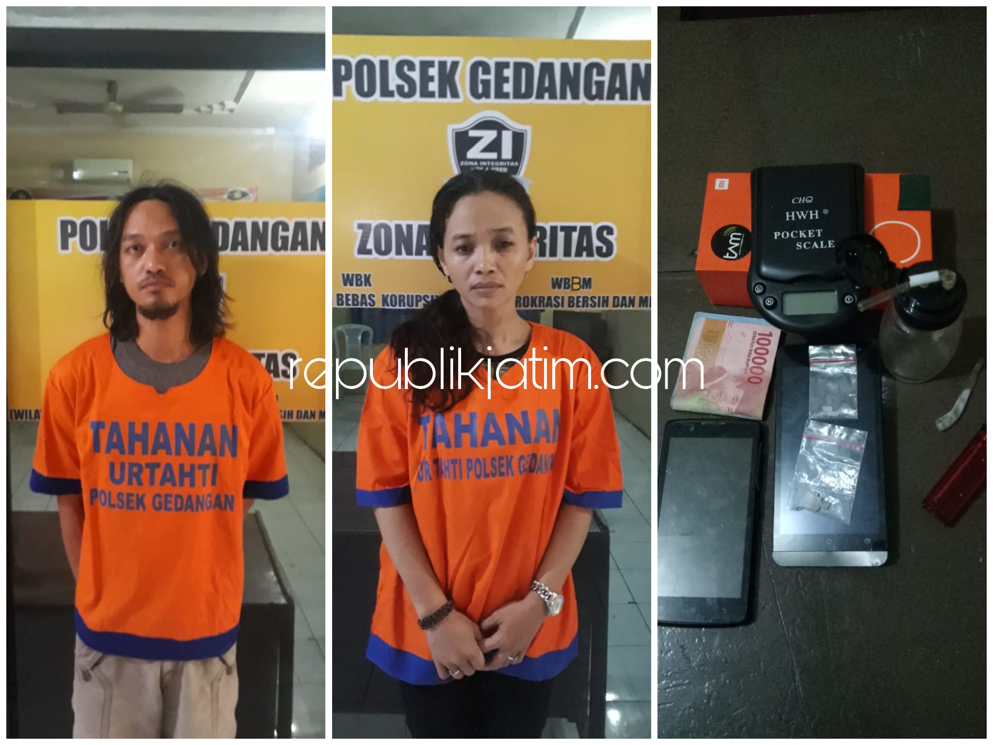 KOMPAK - Pasangan suami istri (pasutri) Vichal Bambang (37) dan Lisa Mardianah (36) warga Desa Tebel, Kecamatan Gedangan, Sidoarjo kompak mengkonsumsi sabu-sabu diringkus polisi, Senin (15/04/2019).