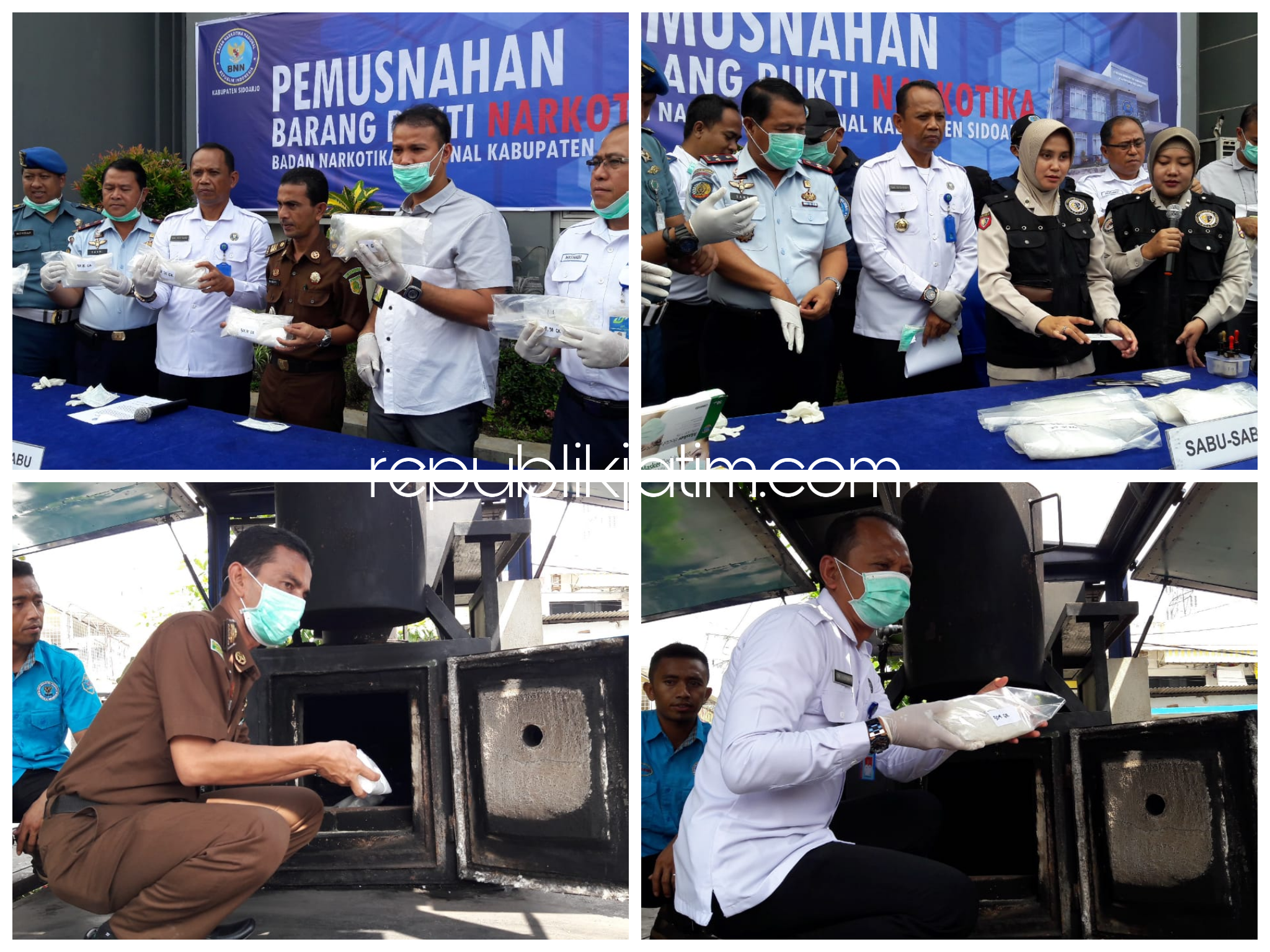 PEMUSNAHAN - Kepala BNN Sidoarjo, AKBP Toni Sugiyanto memimpin prosesi pemuanahan BB sabu-sabu seberat 2,625 kilogram dengan tersangka Osmanhas (47) warga Madura di kantor BNN Sidoarjo, Selasa (16/04/2019).
