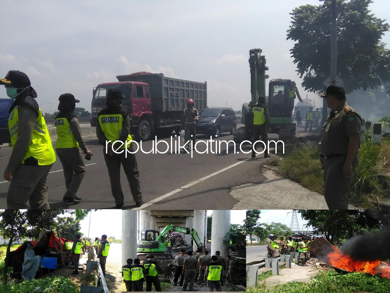 DITERTIBKAN - Bangunan liar di sepanjang Arteri Porong mulai Desa Kalisampurno, Kecamatab Tanggulangin ditertibkan 150 pasukan petugas gabungan dengan cara dirobohkan menggunakan alat berat dan dipasang papan himbauan, Rabu (18/04/2018).