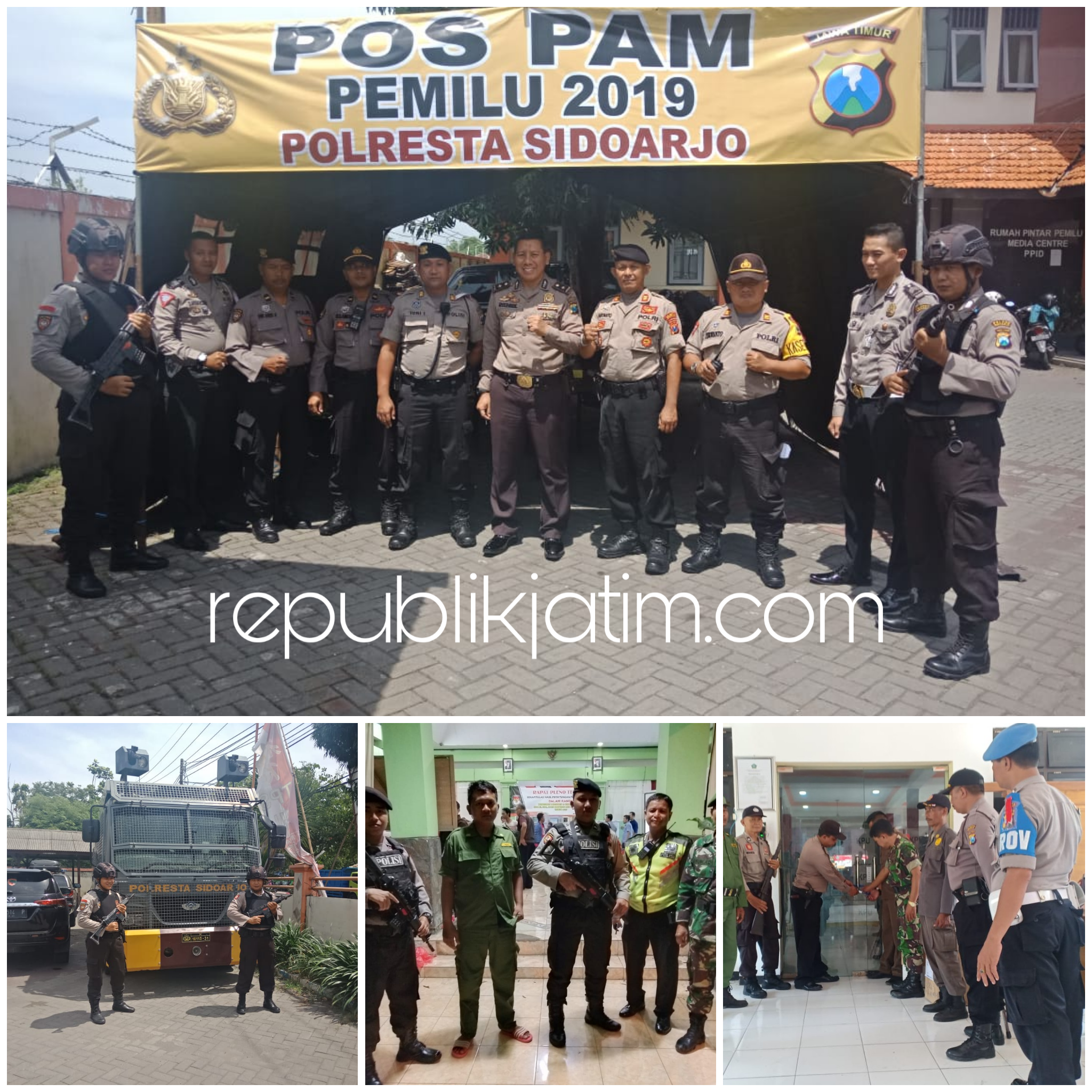 LARAS PANJANG - Personil Polresta Sidoarjo dipersenjatai laras panjang untuk mengamankan 18 PPK dan kantor KPU Sidoarjo, Sabtu (20/04/2019).