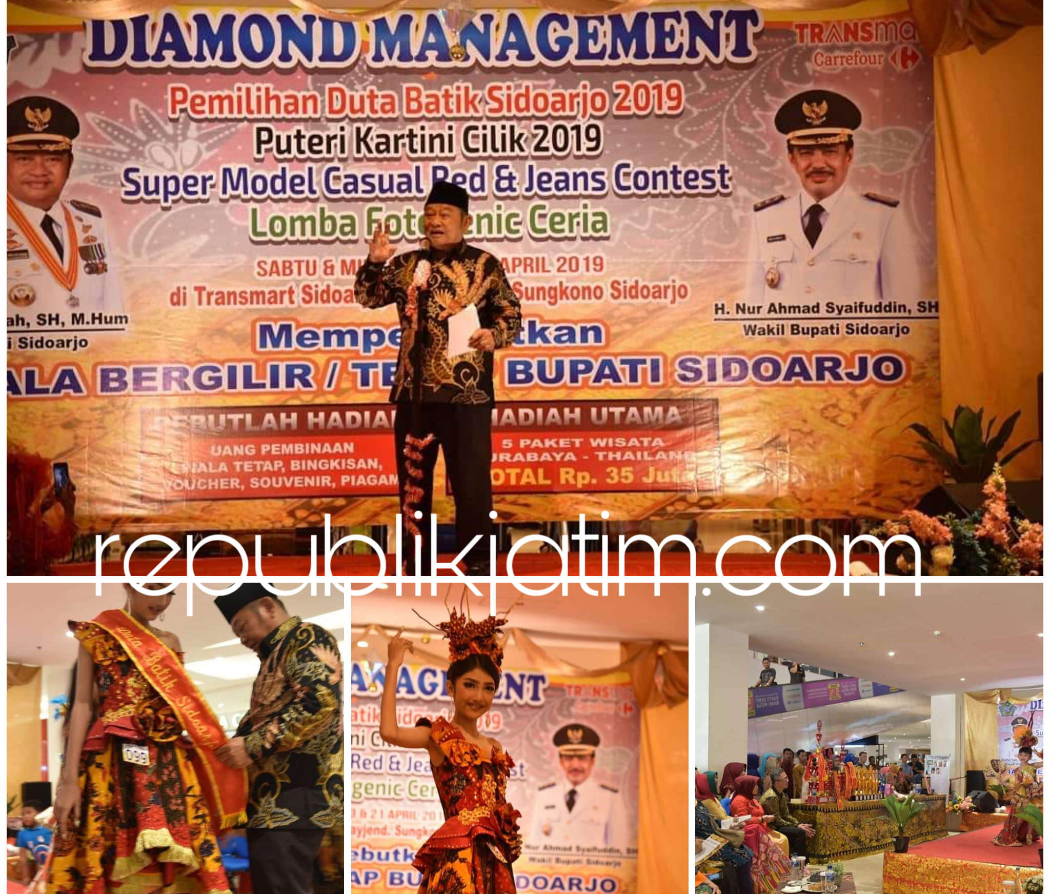 APRESIASI - Bupati Sidoarjo, Saiful Ilah menyerahkan selendang peraih Duta Batik Sidoarjo yang digelar di Transmart Sidoarjo, Minggu (22/04/2019) malam.