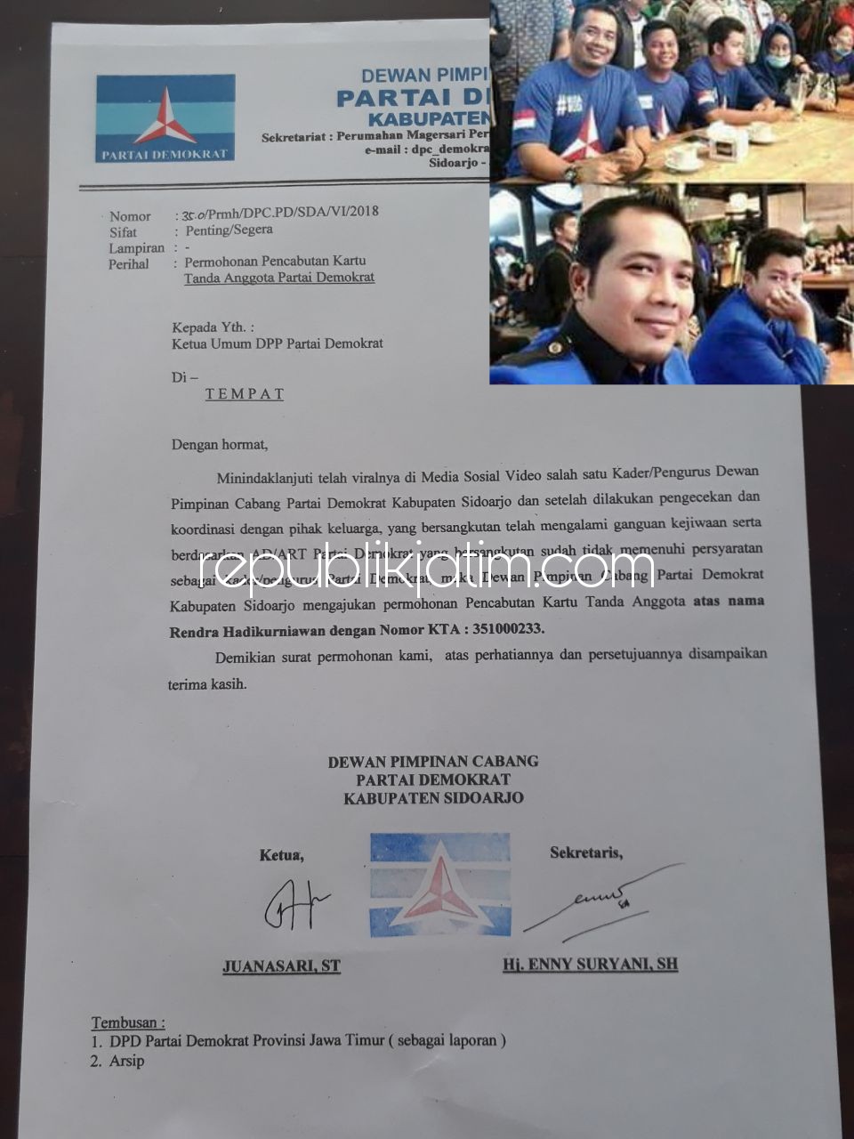 SURAT PENCABUTAN - Mendadak beredar Surat Pencabutan keanggotaan Partai Demokrat untuk terduga penghina Nabi Nuhammad SAW, Rendra Hadikurniawan (39) yang ditandatangani Ketua dan Sekretaris DPC Partai Demokrat Sidoarjo, Kamis (26/04/2018).