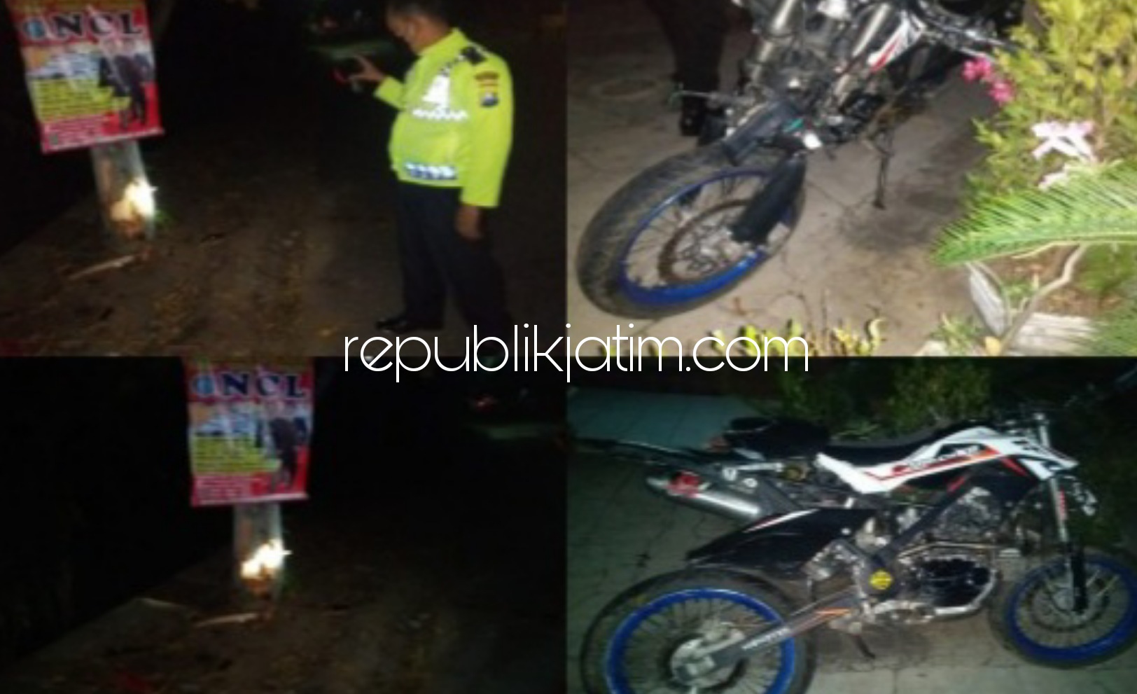 TABRAK POHON - Petugas Unit Laka Satuan Lantas Polres Ponorogo saat menggelar olah TKP di JL Brigjen Katamso Ponorogo, Sabtu (09/05/2021) malam. 