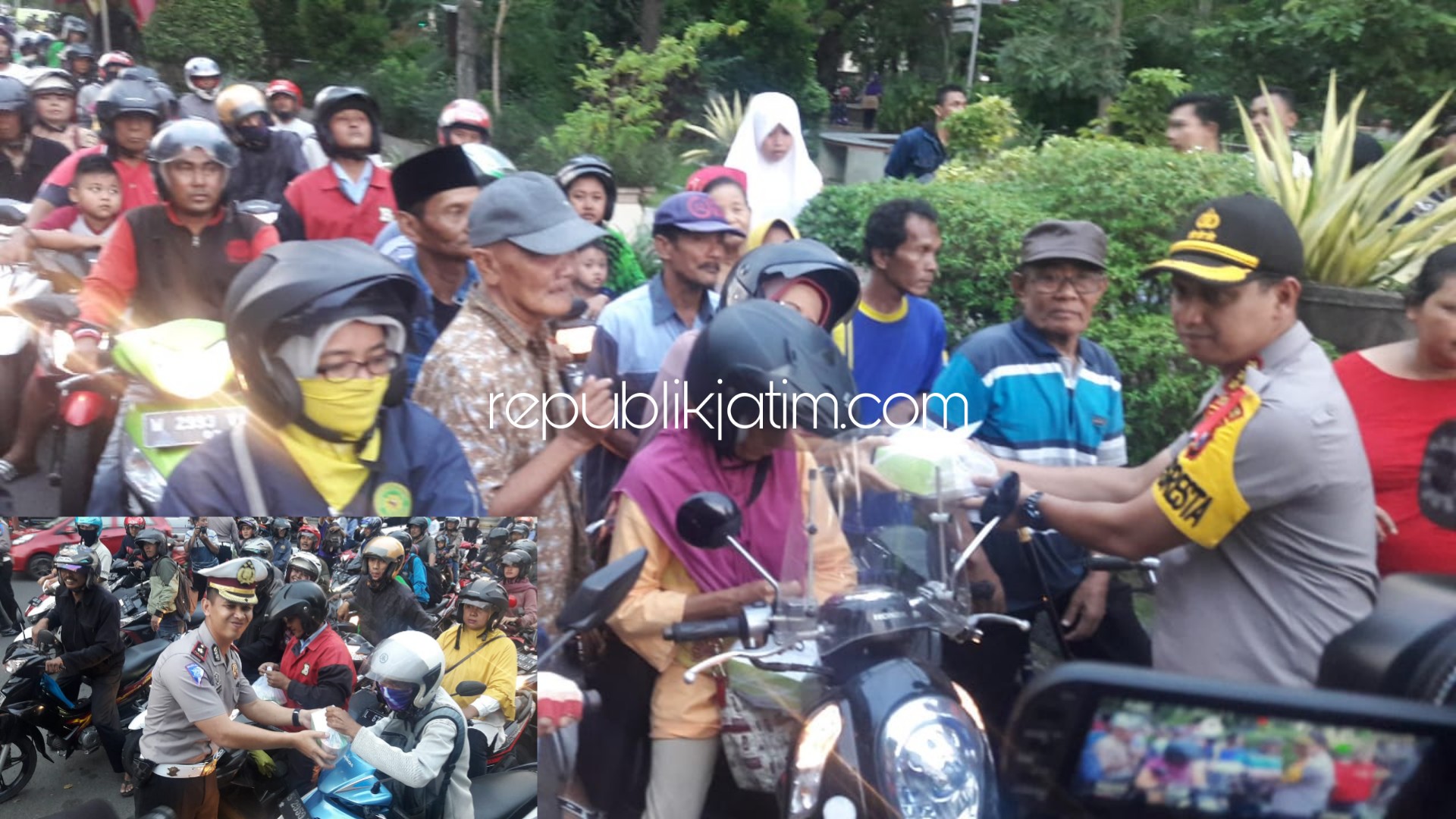 TAKJIL - Kapolresta Sidoarjo, Kombes Pol Zain Dwi Nugroho didampingi Kasat Lantas, Kompol Fahrian Saleh Siregar membagikan 500 paket takjil kepada para pengguna kendaraan roda dua, Kamis (09/05/2019).