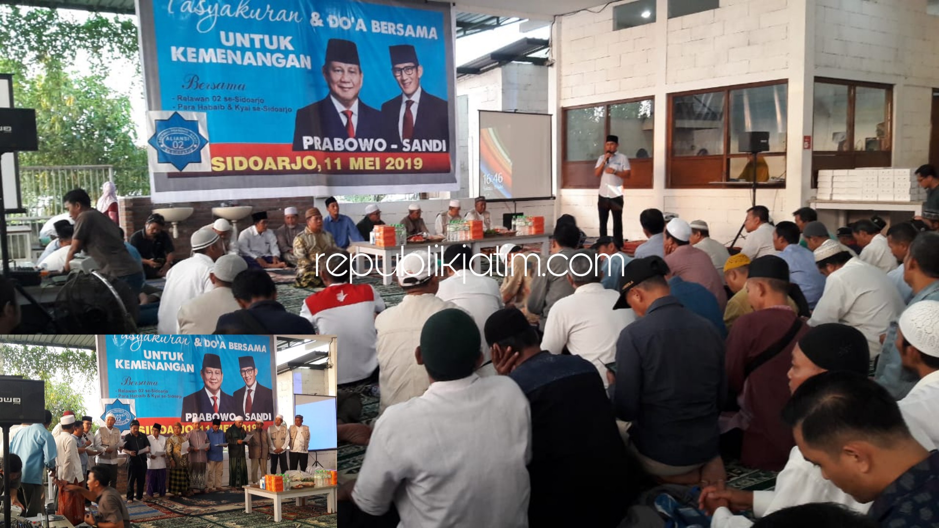SAMBUTAN - Ketua Panitia Pelaksana Tasyakuran dan Doa Bersama untuk Kemenangan Prabowo - Sandi, M Ismail memberikan sambutan dalam acara yang digelar di Kedai Putih, Sidoarjo, Sabtu (11/05/2019). Insert Deklarasi.