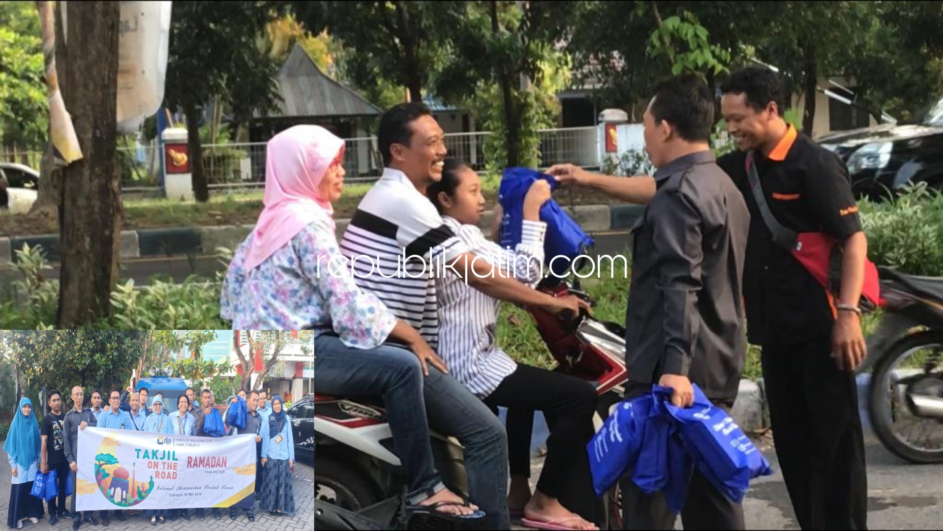 BERBAGI - Kanwil DJP Jatim II membagikan takjil sekaligus kampanye kesadaran pembayaran pajak kepada para pengguna Jalan Juanda, Desa Semambung, Kecamatan Gedangan, Sidoarjo, Rabu (15/05/2019) petang.
