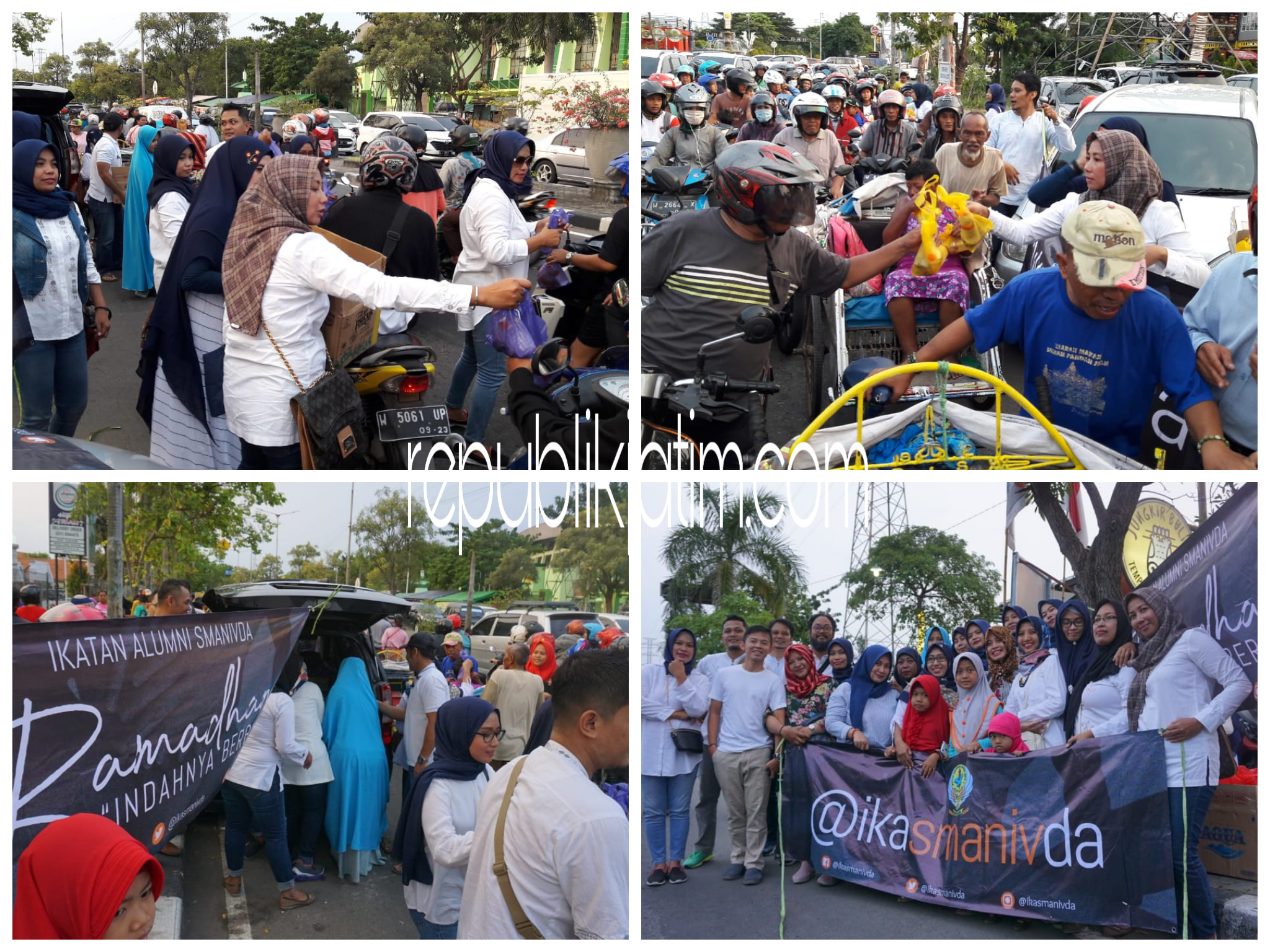 TAKJIL - Puluhan anggota IKA Smanivda membagikan 1.000 paket takjil kepada ratusan pengguna jalan di JL Ponti, Sidoarjo, Sabtu (18/05/2019) petang.