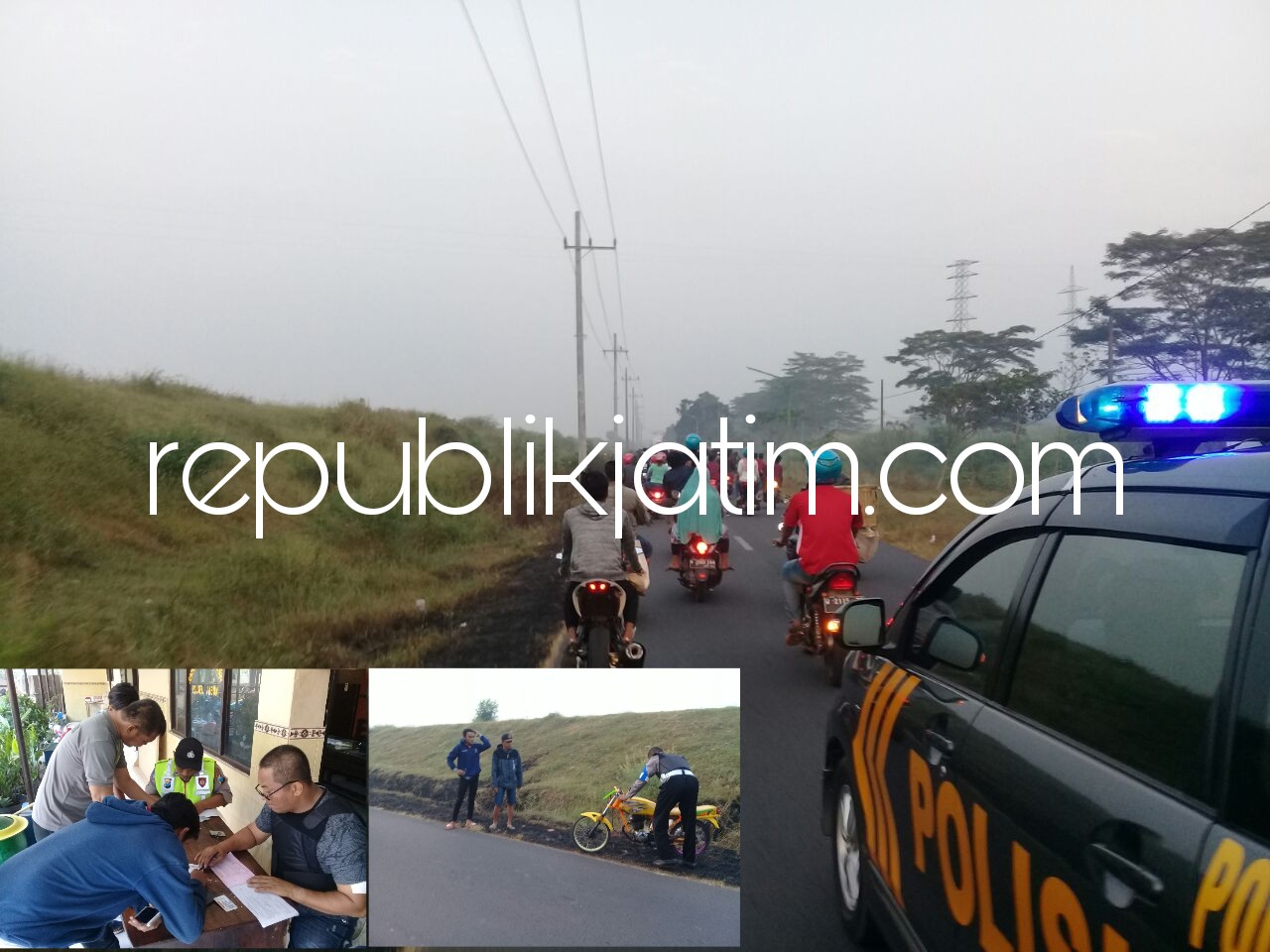 DIOBRAK - Puluhan motor nongkrong di sepanjang jalan exit tol lama diobrak polisi yang dipimpin Kapolsek Jabon, AKP Saadun. Hasilnya petugas mengamankan motor protolan, knalpot brong dan tak dilengkapi surat, Minggu (20/05/2018).