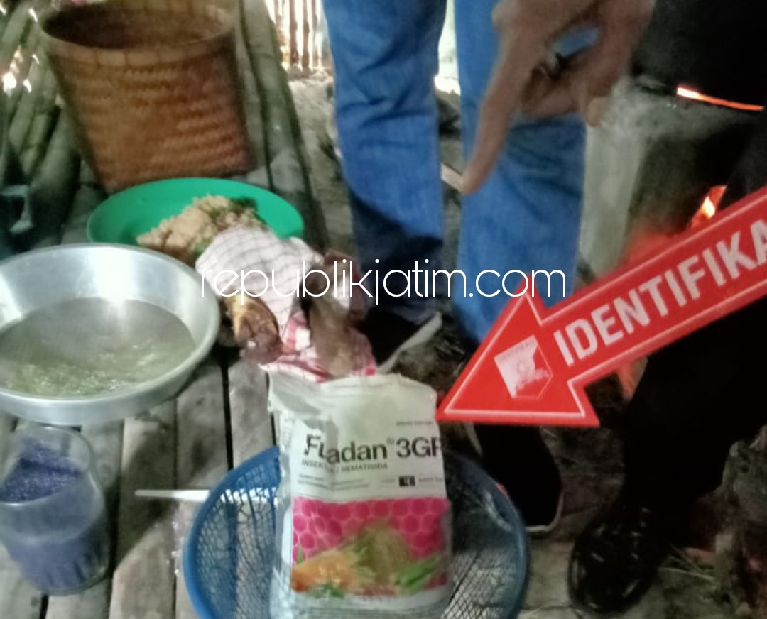 RACUN HAMA - Petugas Polsek Sampung saat olah TKP mengamankan barang bukti racun hama Furadan atas meninggalnya Sarinem (55) warga Dusun Gangin, Desa Jenangan, Kecamatan Sampung, Ponorogo, Jumat (21/05/2021).