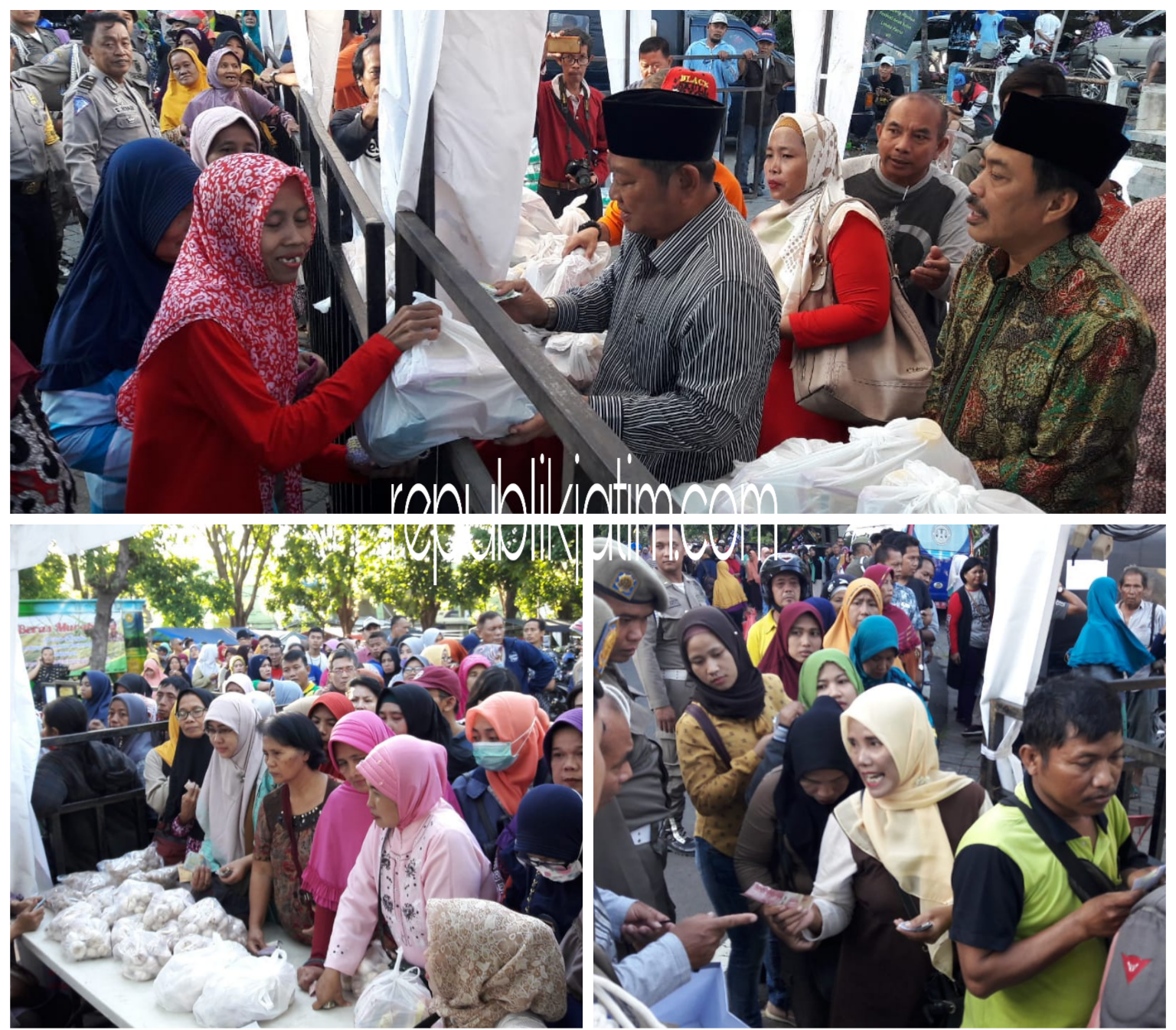 BAGIKAN - Bupati Sidoarjo, Saiful Ilah membagikan 3.000 paket yang dijual hanya seharga Rp 20.000 per paket di acara Pasar Rakyat Ramadhan Sale di Parkir Timur GOR, Sidoarjo, Sabtu (25/05/2019) petang.
