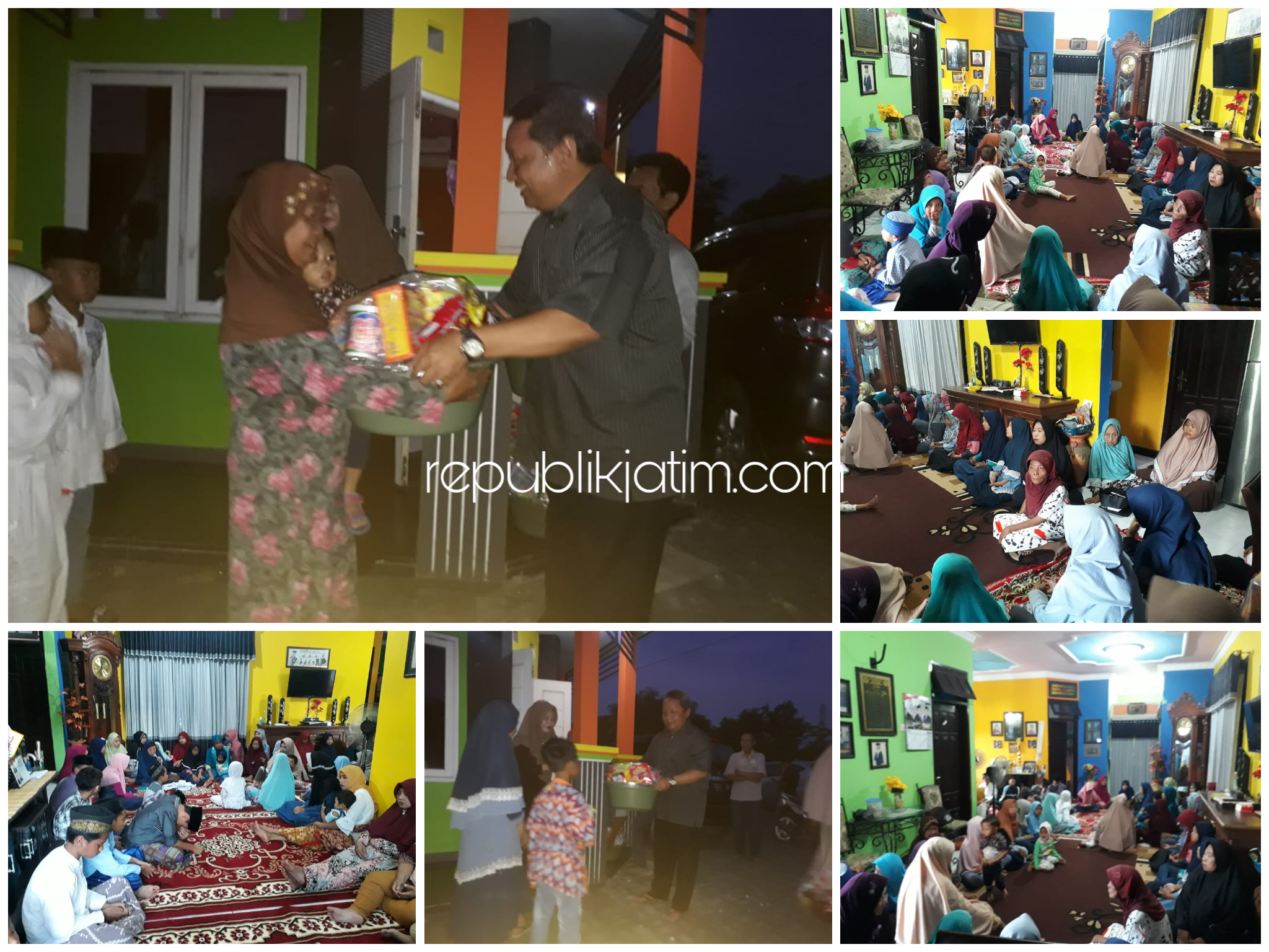 BERBAGI - Sekretaris Komisi C DPRD Sidoarjo, M Nizar membagikan bingkisan dan santunan uang tunai kepada 120 yatim piatu asal Krian dan Balongbendo serta 300 dhuafa menjelang hari raya Idul Fitri 1440 Hijriyah, Minggu (26/05/2019) petang.