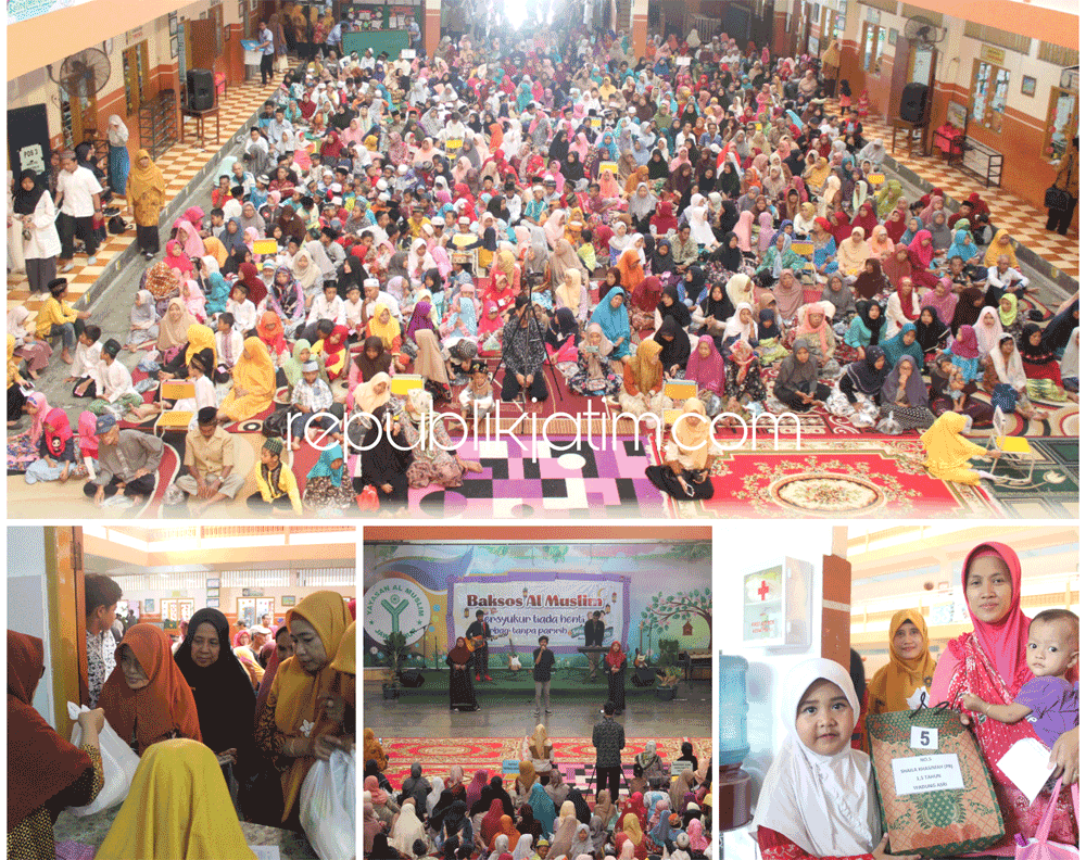 BERBAGI - Lembaga Pendidikan Al Muslim Jawa Timur di JL Raya Wadungasri, Kecamatan Waru, Sidoarjo memberi santunan kepada 1.370 kaum dhuafa dan anak yatim di sekitar sekolah, Selasa (28/05/2019).