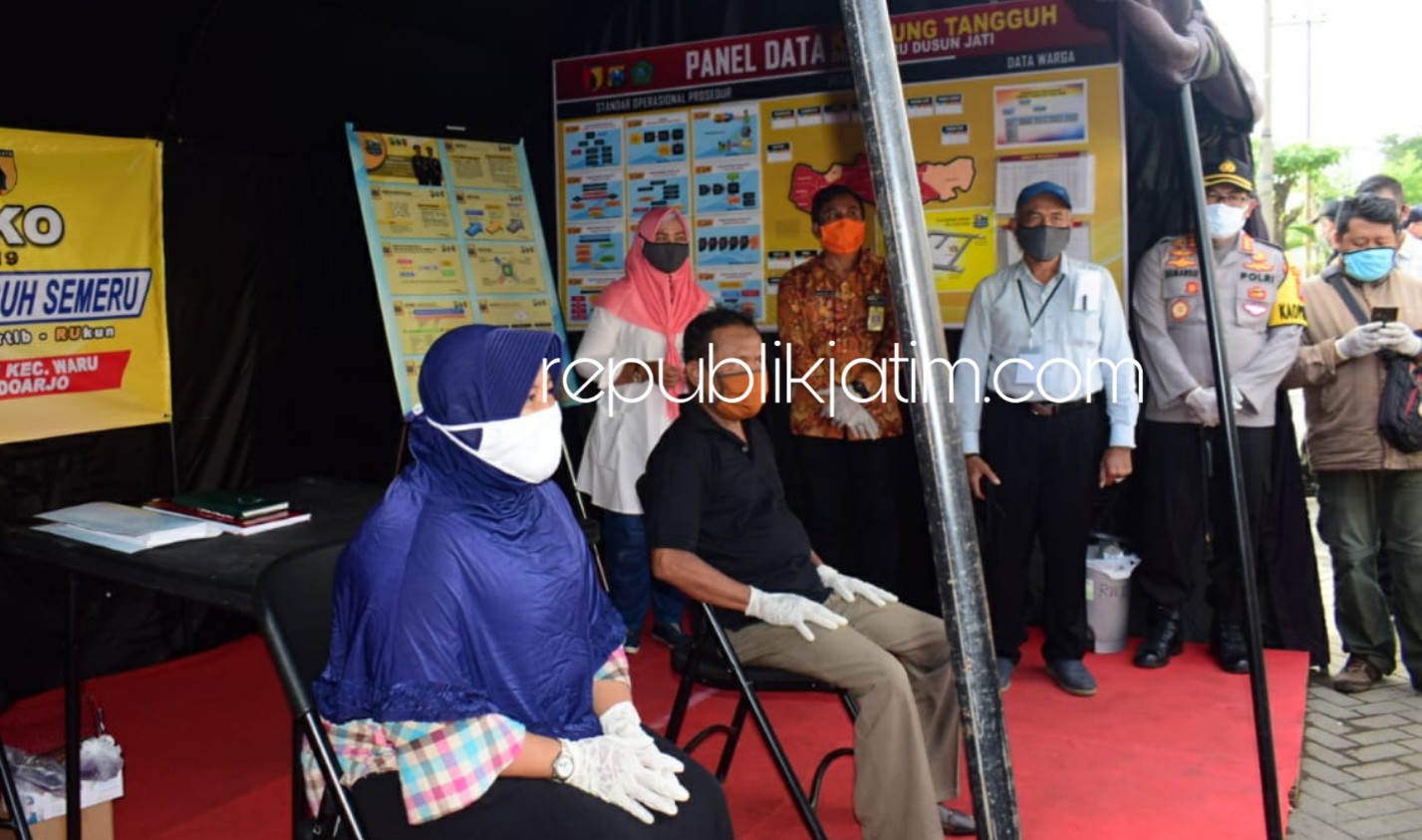 CERITA - Dua warga RW 12, Desa/Kecamatan Waru, Sidoarjo yang terpapar Covid-19 dan berhasil sembuh menceritakan pengalamannya di Posko Kampung Tangguh, Jumat (29/05/2020).
