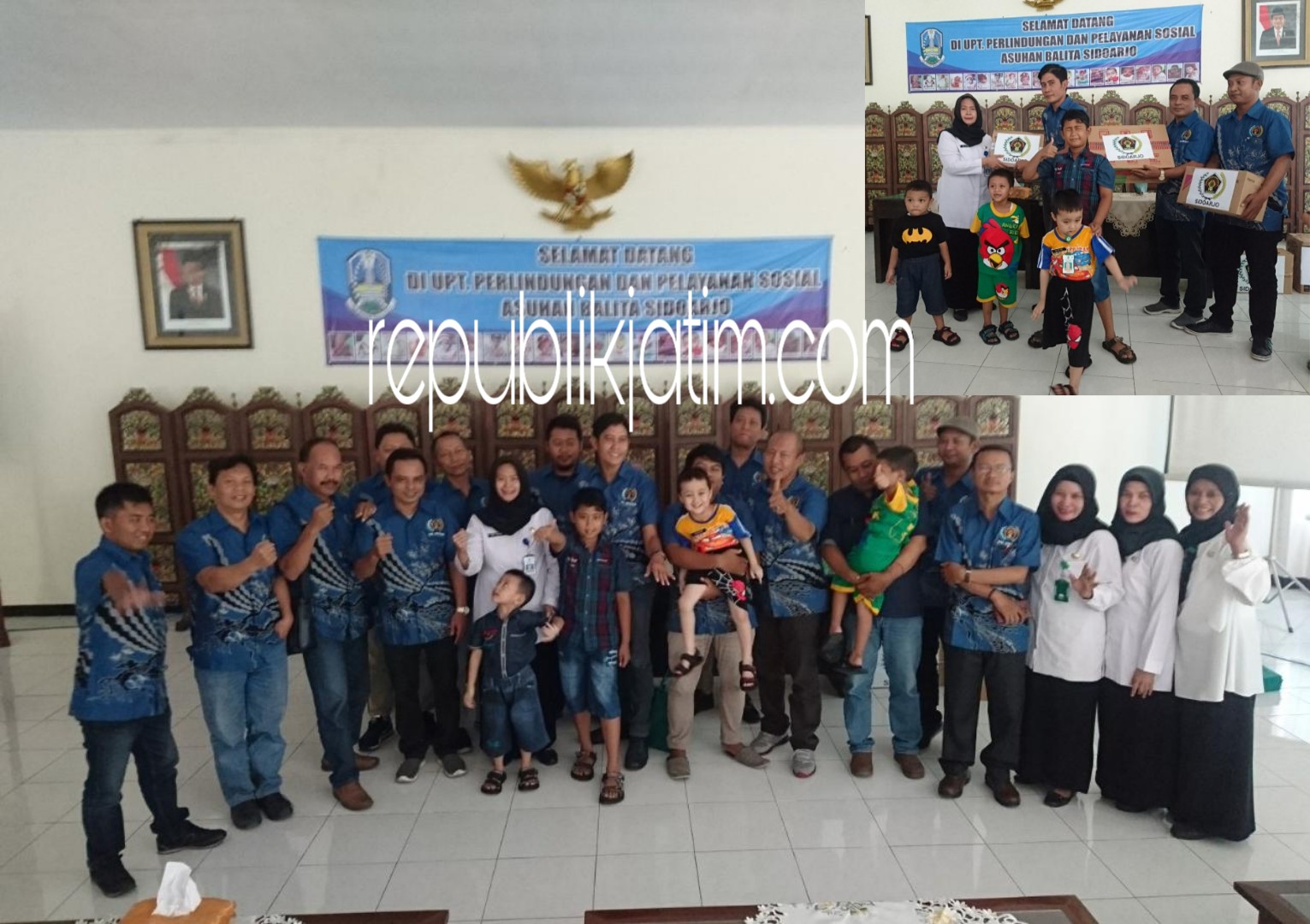 SANTUNAN - Para pengurus PWI Sidoarjo menyerahkan bantuan dan santunan kepada anak-anak terlantar di UPT Perlindungan dan Pelayanan Sosial Asuhan Balita (PSAB) Jatim di Sidoarjo, Rabu (29/05/2019).