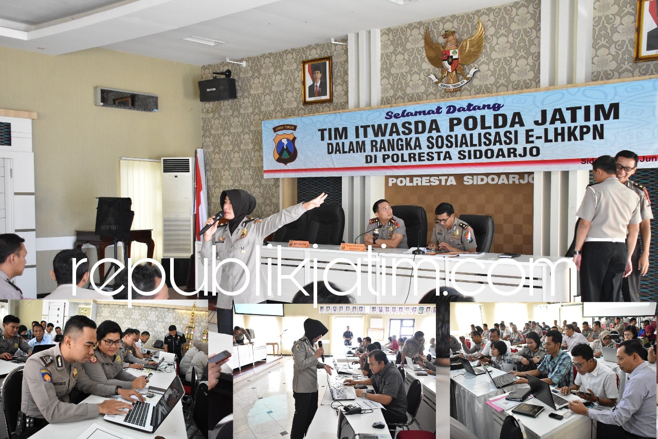 SOSIALISASI - Untuk meningkatkan Program Pengawasan Internal Polri, Itwasda Polda Jatim menggelar sosialisasi asistensi aktivasi e-LHKPN di ruang Bhara Daksa diikuti Satker Polresta Sidoarjo beserta Kapolsek dan jajaran, Sabtu (02/06/2018).