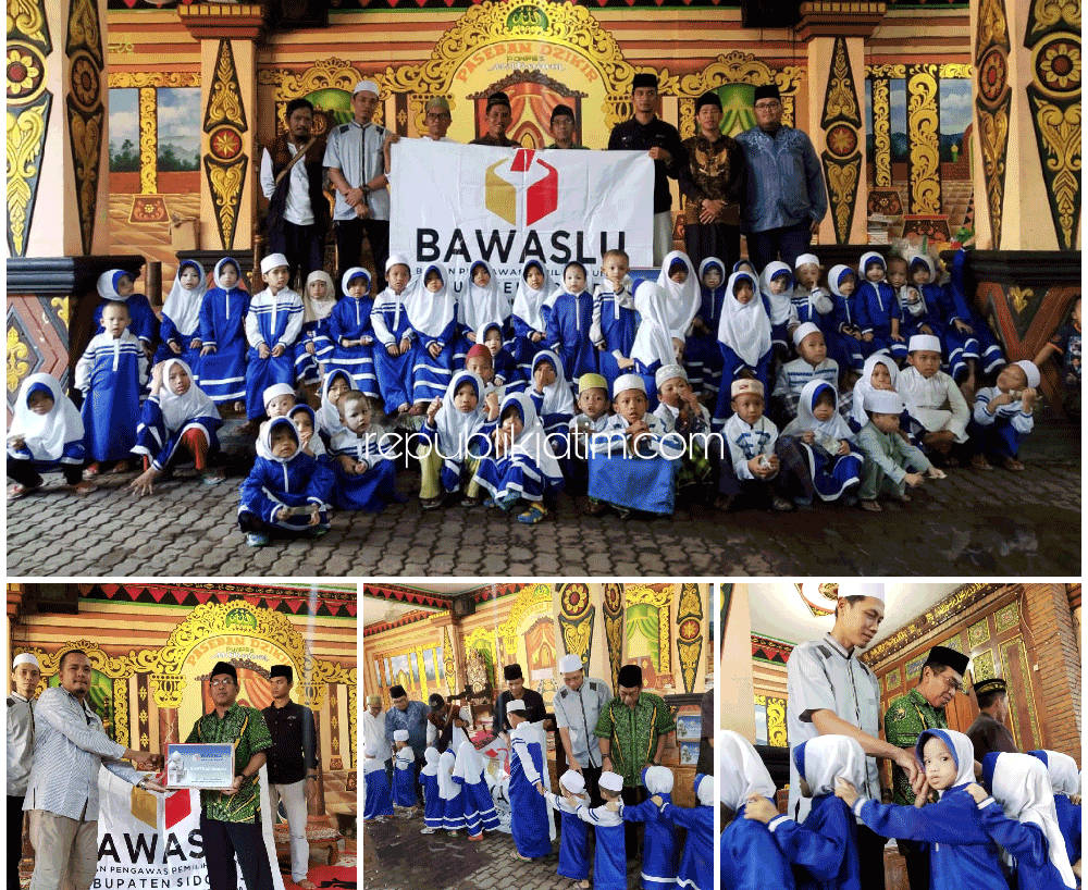BERBAGI - Komisioner Bawaslu Sidoarjo, M Rosul berbagi dengan anak-anak yang dirawat di Pondok Pesantren Millenium Raudatul Jannah, Desa Tenggulunan, Kecamatan Candi, Sidoarjo, Sabtu (01/06/2019) petang.