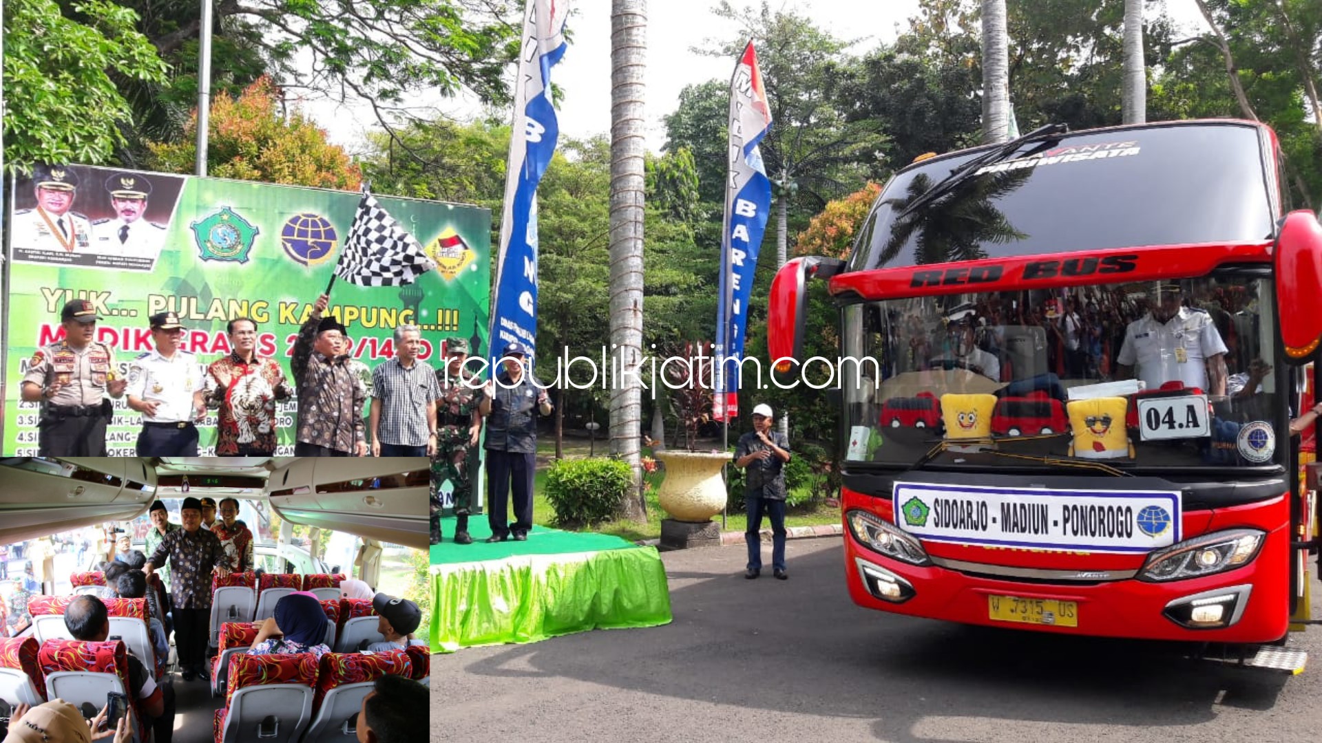 BERANGKATKAN - Bupati Sidoarjo, Saiful Ilah memberangkatkan 1.925 pemudik yang diangkut menggunakan 35 armada bus dari Pendopo Delta Wibawa, Senin (03/06/2019).