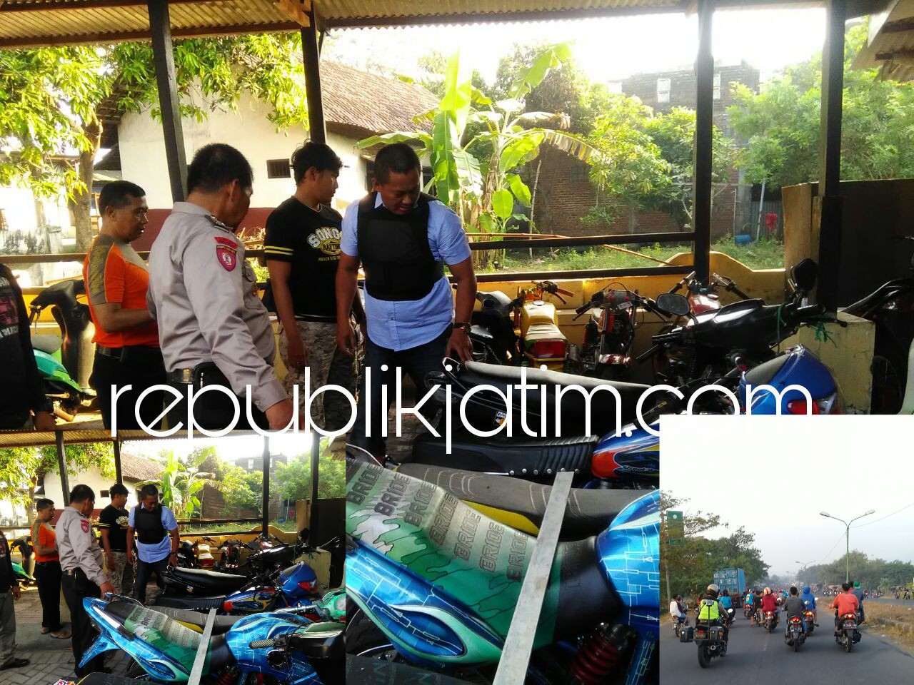 DIAMANKAN - Kapolsek Jabon, AKP Saadun memeriksa dan menggeledah dua pemuda yang terjaring razia dan petugas Polsek Jabon membubarkan sekelompok pemuda yang menongkrong di sepanjang JL Raya Exit Tol, Minggu (03/06/2018).