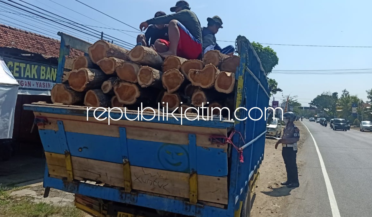 ANGKUT ORANG - Truk pengangkut kayu ini terpaksa dihentikan dan ditindak anggota Unit Turjawali, Satuan Lantas Polres Ponorogo karena kedapatan mengangkut orang di atas muatan kayu, Senin (07/06/2021).