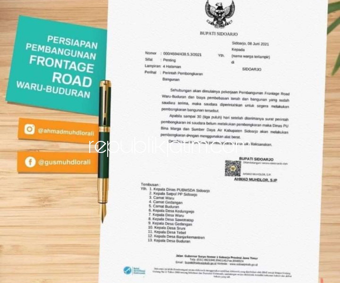 SURAT - Bupati Sidoarjo, Ahmad Muhdlor Ali (Gus Muhdlor) mengeluarkan surat perintah soal pembongkaran bangunan rumah warga di Kecamatan Buduran - Kecamatan Waru untuk pembangunan Frontage Road (FR) 2021. 