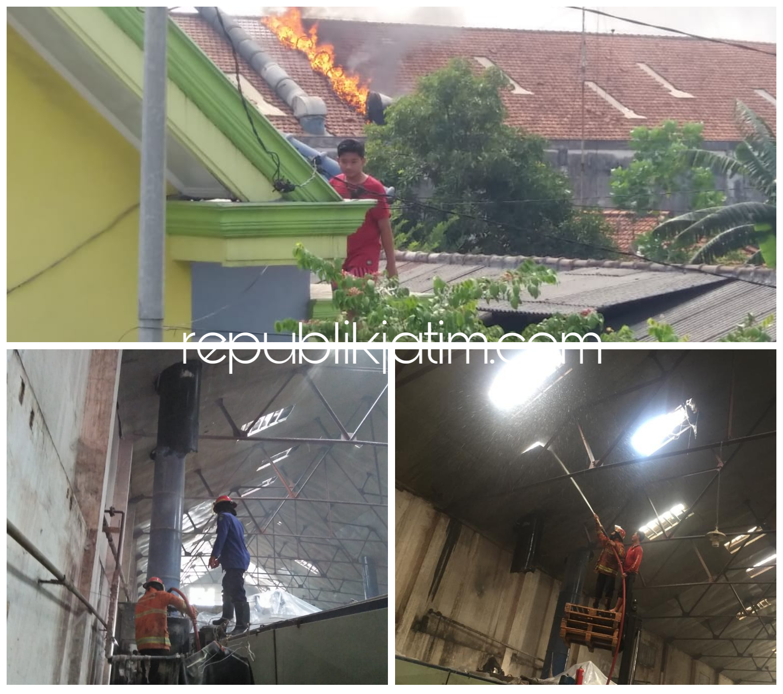 TERBAKAR - Cerobong asap PT Rachbini Leather JL Ahmad Yani Nomor 1, Lemahasin, Gedangan, Kecamatan Gedangan, Sidoarjo terbakar hingga menyebabkan pemilik merugi jutaan rupiah, Kamis (13/06/2019).