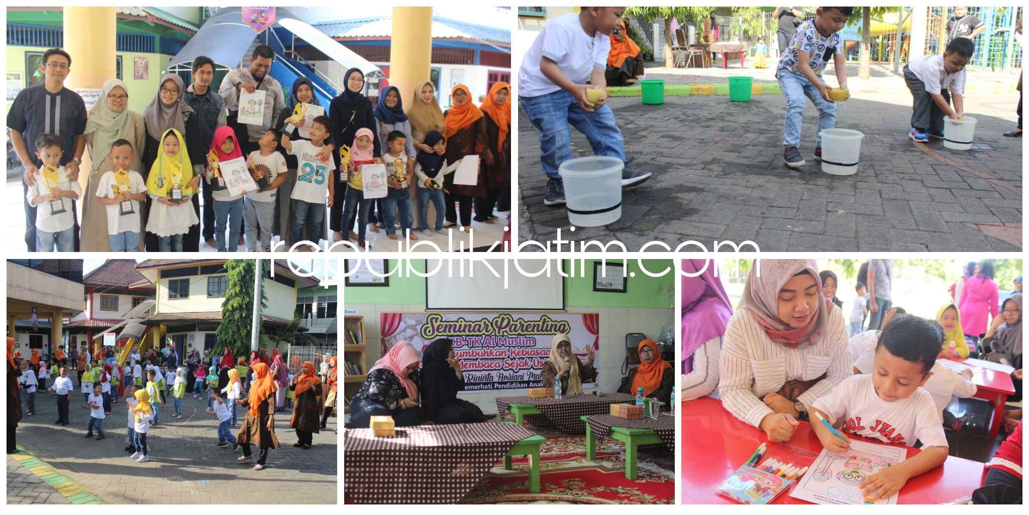 PARENTING - KB dan TK Al Muslim JL Raya Wadungasri, Kecamatan Waru, Sidoarjo mengelar acara parenting dan berbagai perlombaan melibatkan siswa dan orangtuanya, Sabtu (15/06/2019).
