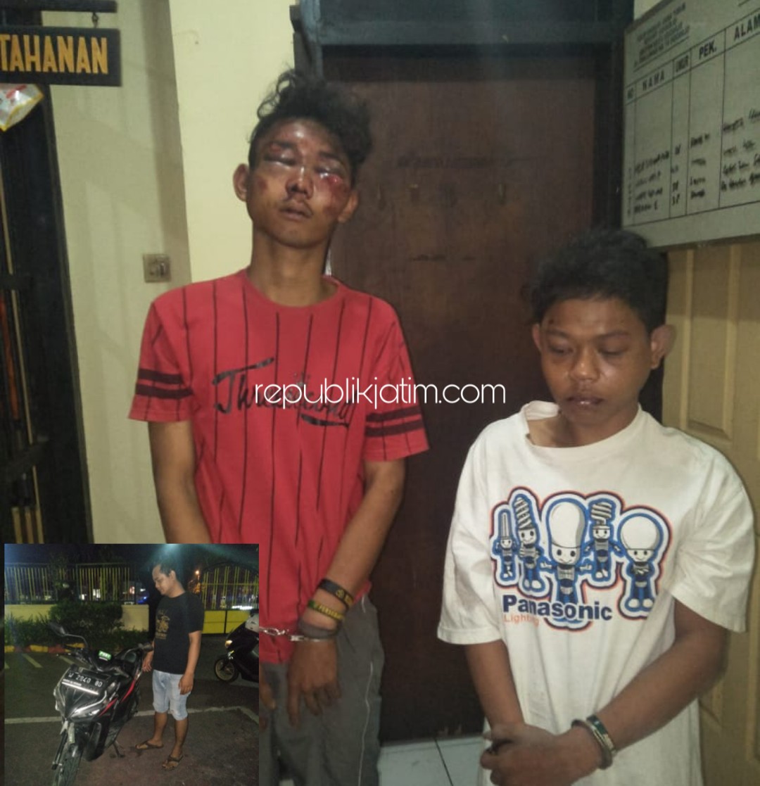 BABAK BELUR - Dua tersangka kasus penjambretan HP di KNV Sidoarjo, Jefri Fatahila (19) dan Rian Widianto (18) warga Dusun Megare, Desa Ngelom, Kecamatan Taman, Sidoarjo babak belur dihajar warga, Sabtu (15/06/2019) malam.