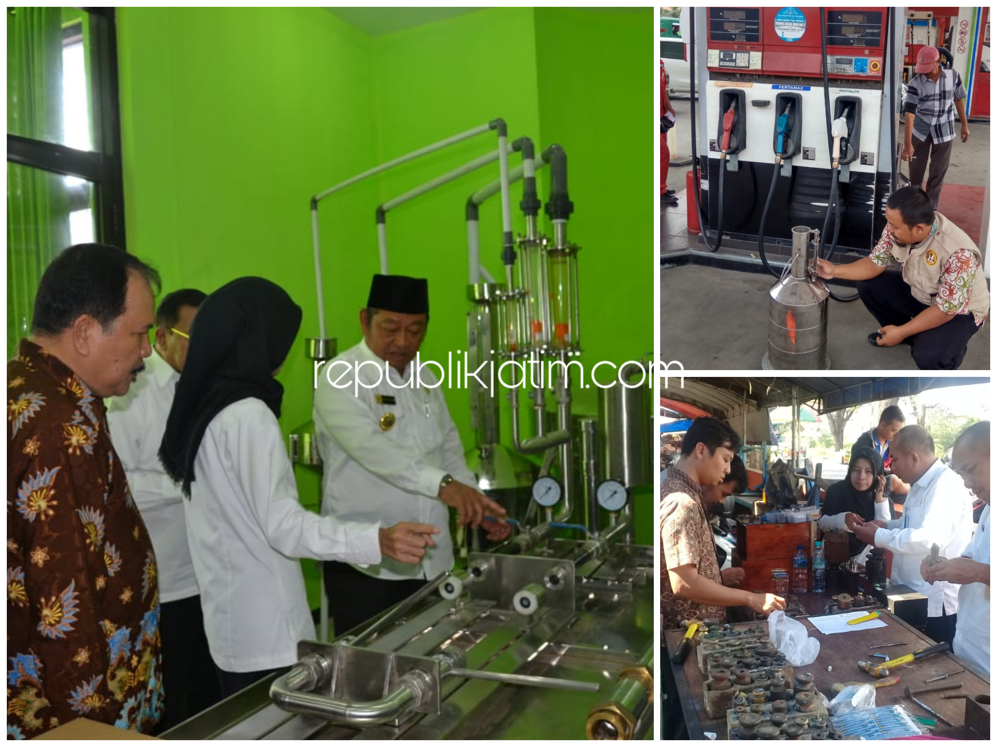 CEK - Bupati Sidoarjo, Saiful Ilah mengecek kelengkapan alat tera Kantor UPT Metrologi Legal Sidoarjo di Jalur Lingkar Timur, Sidoarjo. Insert petugas tera ulang.