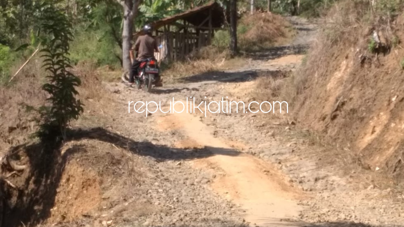 RUSAK - Warga dua desa mempersoalkan jalan poros antara Desa Munggu dan Desa Pelem, Kecamatan Bungkal yang diusulkan ke Bupati Ponorogo saat Tilik Desa tak kunjung diperbaiki, Kamis (18/06/2020).