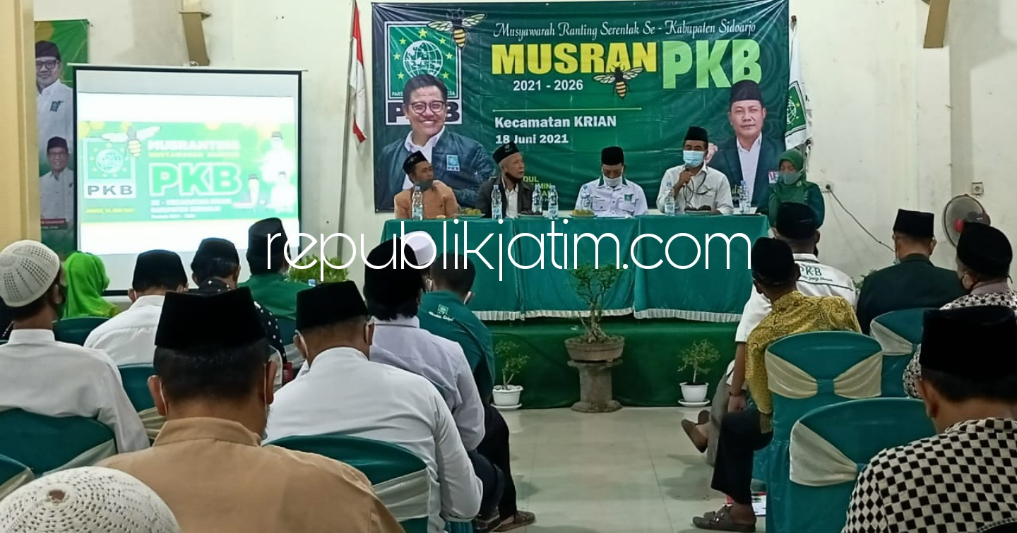 MUSRAN - Suasana Musyawarah Ranting (Musran) PKB bersama Ketua PAC PKB Krian, Rifa'i dan tim perwakilan DPC PKB Sidoarjo Pujiono dan M Bahrul Mustofa Idhom bersama jajaran banom NU Krian serta Plt Camat Krian, Probo Agus Sunarno, Jumat (18/06/2021) malam.