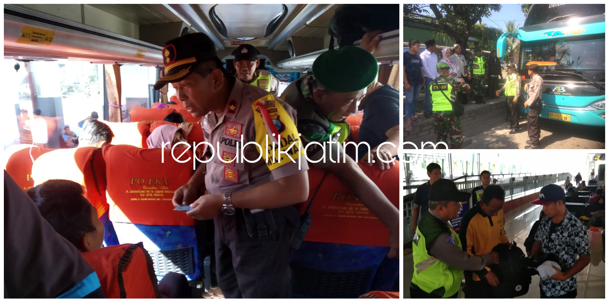 RAZIA - Para penumpang bus Terminal Bungurasih, Kereta Api dan di Rest Area Tol dirazia anggota Polresta Sidoarjo sebagai antisipasi menjelang putusan sidang Perselisihan Hasil Pemilihan Umum (PHPU) di Mahkamah Konstitusi (MK), Rabu (26/06/2019) petang.