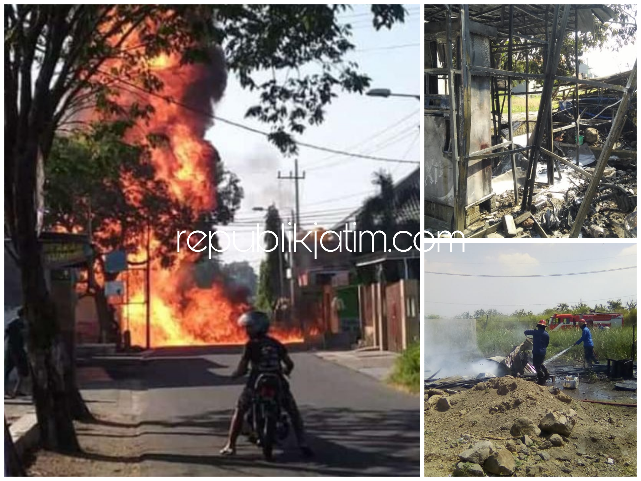 LUDES TERBAKAR - Sebuah Pom Bensin Mini yang ada di Desa Anggaswangi, Kecamatan Sukodono, Sidoarjo ludes terbakar diduga akibat korsleting arus listrik, Minggu (30/06/2019).