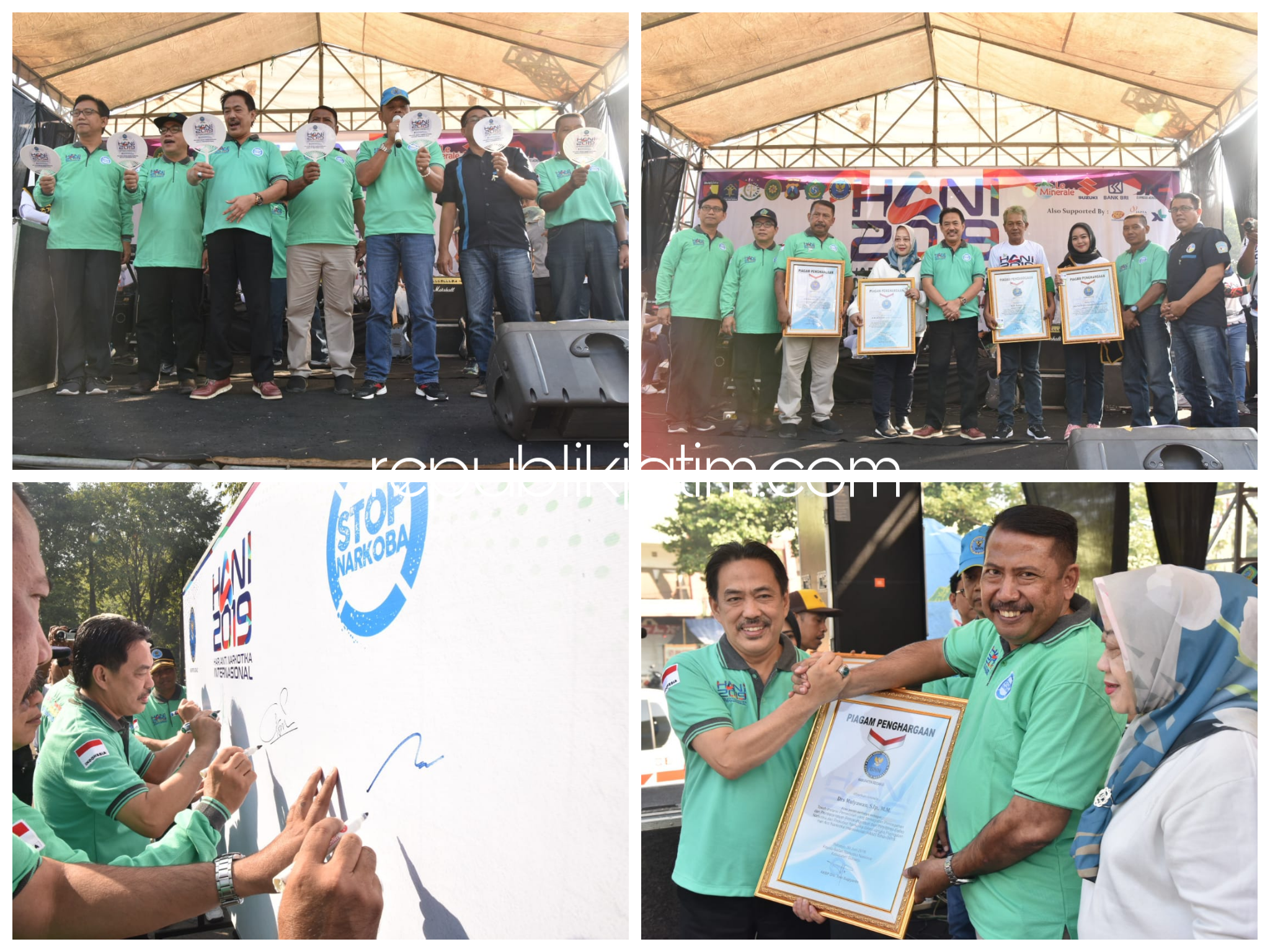 DEKLARASI - Kepala BNN Sidoarjo, AKBP Toni Sugianto memimpin deklarasi anti narkoba dalam memperingati Hari Anti Narkotika Internasional (HANI) 2019  di Lapangan Parkir Timur GOR Delta Sidoarjo, Minggu (30/06/2019).
