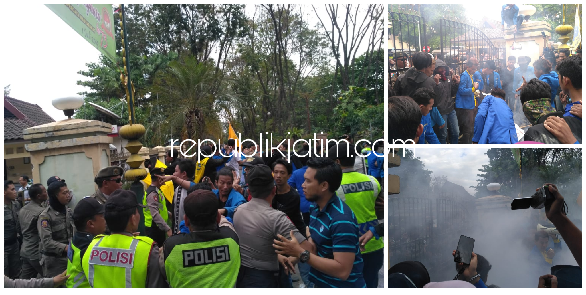 BENTROK - Aksi demo ratusan aktivis PMII Sidoarjo yang mengkritisi kepemimpinan Bupati, Saiful Ilah dan Wabup, Nur Ahmad Syaifuddin sempat bentrok dengan Satpol PP Pemkab Sidoarjo, Kamis (04/07/2019).