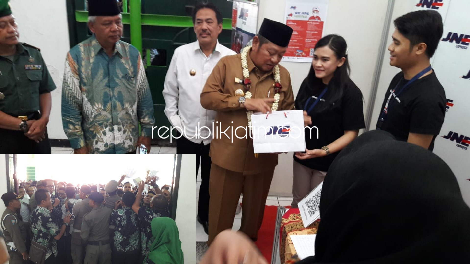 PANTAU - Bupati Sidoarjo, Saiful Ilah, Wabup Nur Ahmad Syaifuddin dan Kepala Disnaker Pemkab Sidoarjo, Fenny Apridawati memantau 53 stan perusahaan yang menyediakan 1.400 lowongan pekerjaan dalan Midex 2019 di Gor Sidoarjo, Rabu (10/07/2019).