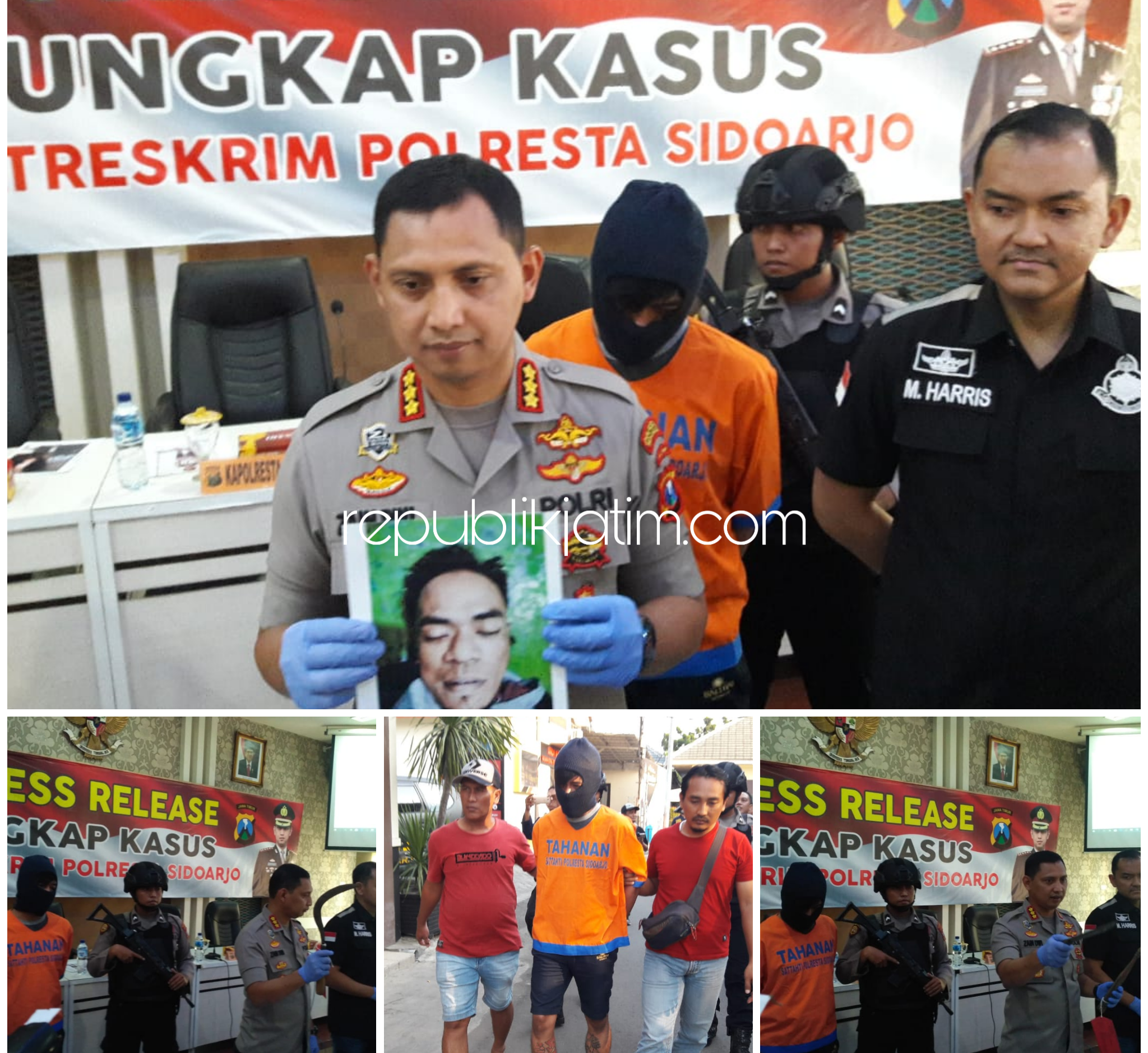DIRINGKUS - Kapolresta Sidoarjo, Kombes Pol Zain Dwi Nugroho menunjukkan tersangka perampokan sejumlah Indomaret di Sidoarjo yang ditembak kakinya dan salah satunya ditembak mati bersama barang buktinya, Sabtu (13/07/2019).