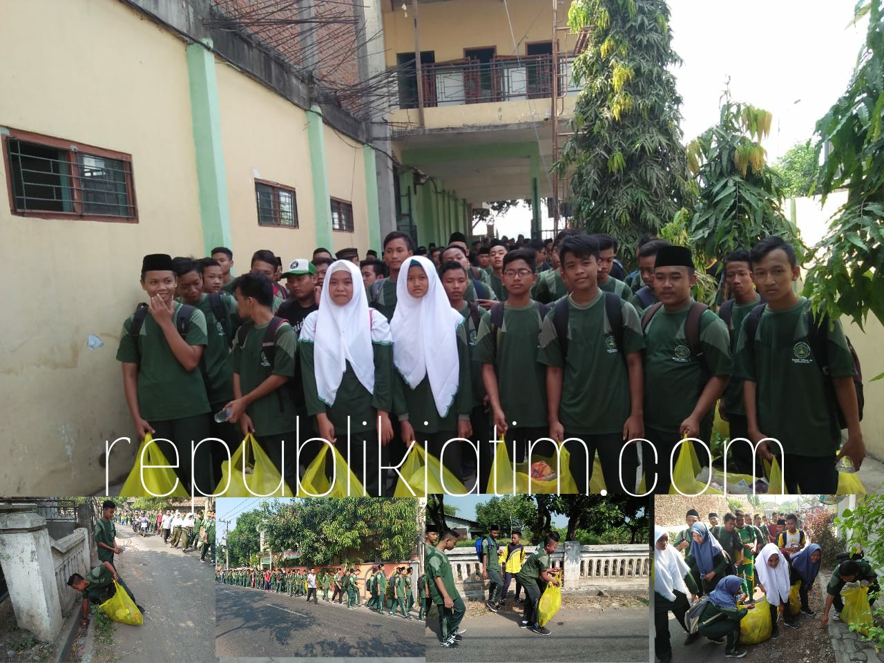 BERSIH-BERSIH - Sebanyak 484 siswa baru SMK YPM 8 Sidoarjo membersihkan sampah yang ada di sekitar lingkingan sekolahnya usai melepas ratusan burung berbagai jenis, Selasa (17/07/2018).