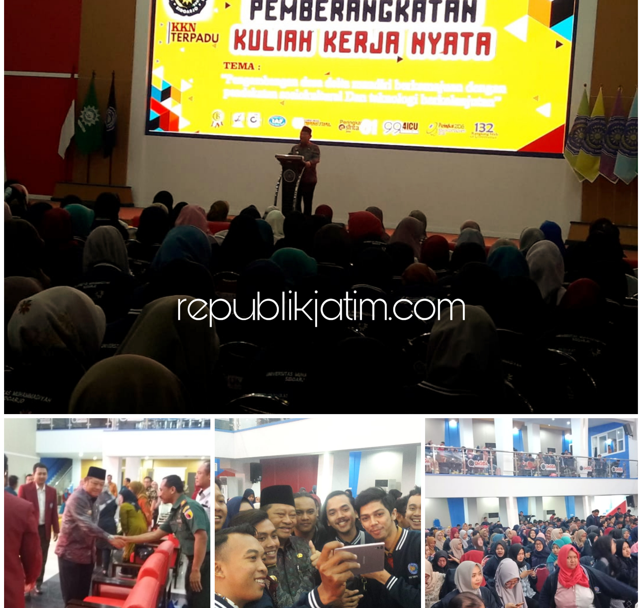 PEMBERANGKATAN - Bupati Sidoarjo, Saiful Ilah dan Rektor Umsida, Dr Hidayatulloh memberangkatkan 852 mahasiswa yang hendak KKN ke 4 kecamatan di Sidoarjo di Aula KH Ahmad Dahlan, Umsida, Kamis (01/08/2019).