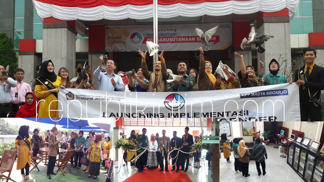 LAUNCHING - Kepala KPP Madya Sidoarjo, Teguh Imam Wirotomo memimpin launching implementasi Program Pengarusutamaan Gender (PUG) untuk meningkatkan pelayanan ke seluruh Wajib Pajak (WP), Kamis (02/08/2018).