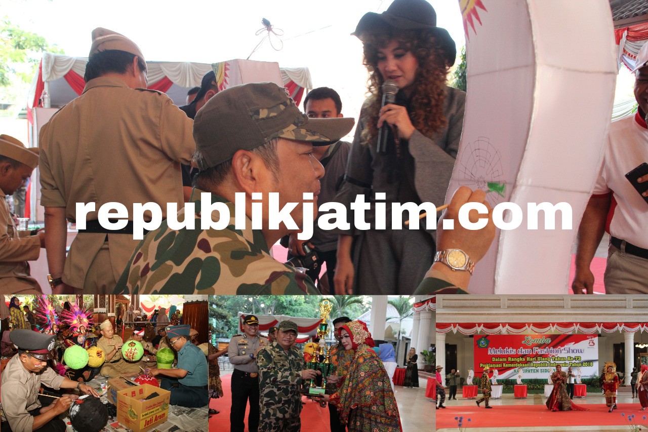 MELUKIS - Bupati Sidoarjo, Saiful Ilah membuka acara Lomba Lukis Lampion dan Fashion Show dalam rangka memperingati HUT RI ke 73 di Pendopo Delta Wibawa Sidoarjo, Jumat (03/08/2018) sore.