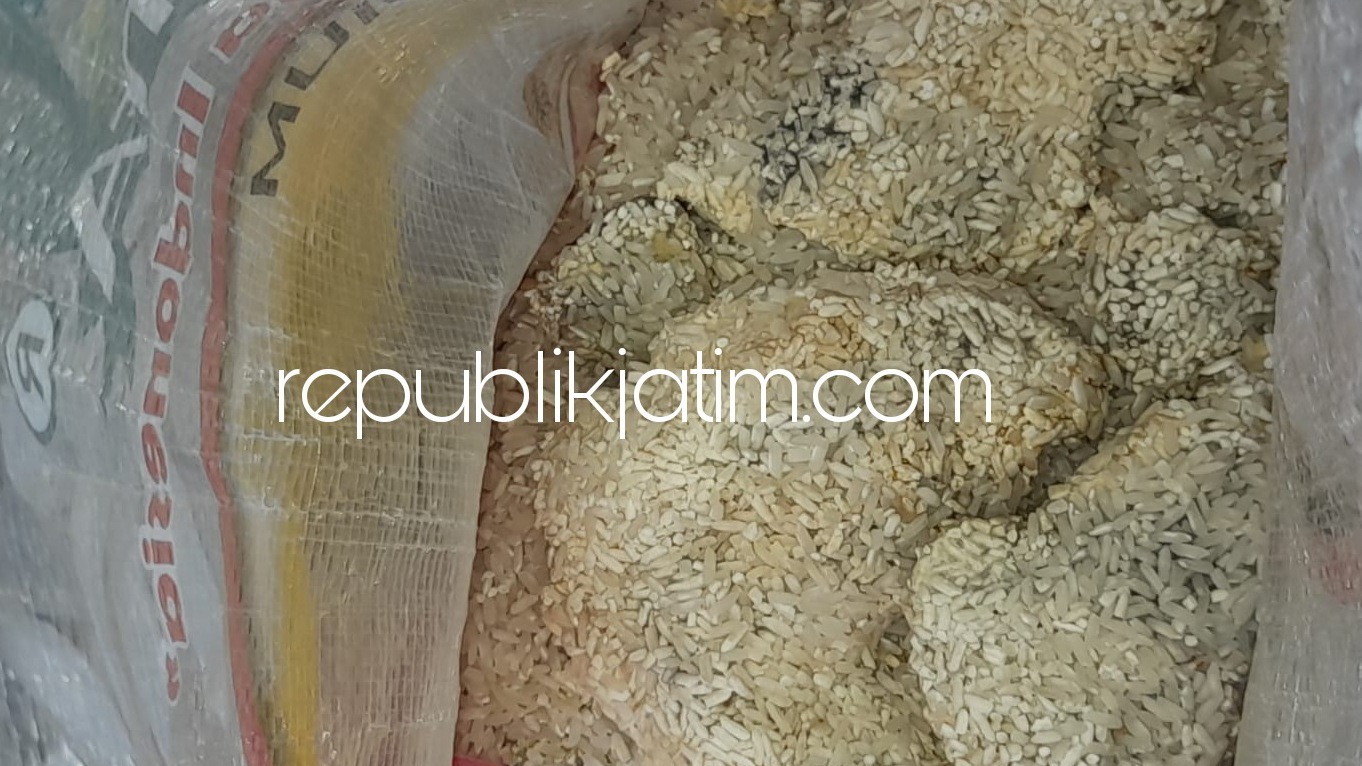 TAK LAYAK - Beras Bantuan Sosial (Bansos) yang diterima warga Desa Kedungrejo, Kecamatan Waru, Sidoarjo banyak ditemukan yang tidak layak karena warnanya kuning, berbau tak sedap dan menggumpal, Rabu (11/08/2021).