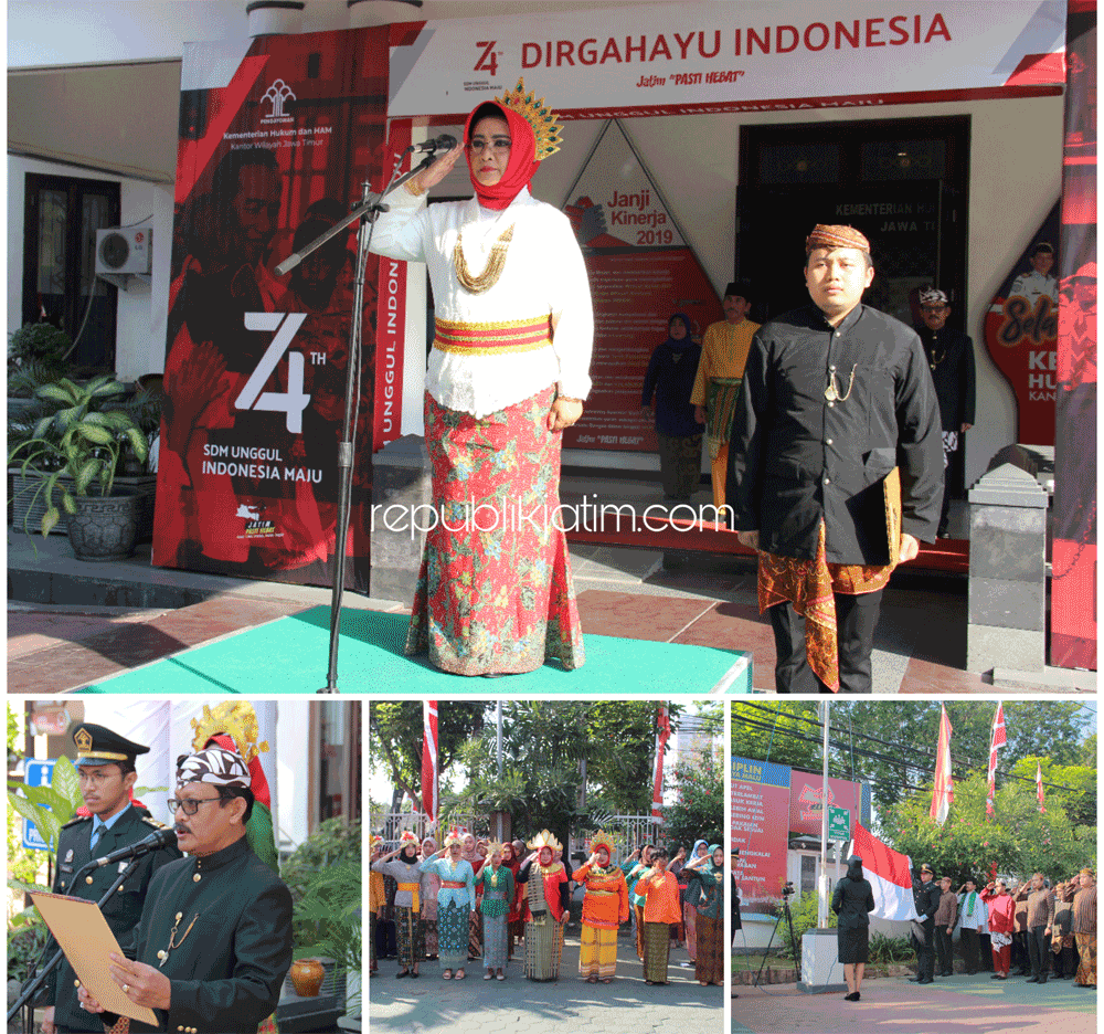 PAKAIAN ADAT - Para pegawai Kemenkumham Jatim mengenakan pakaian adat saat upacara peringatan Kemerdekaan RI di halaman kantornya, Sabtu (17/08/2019).
